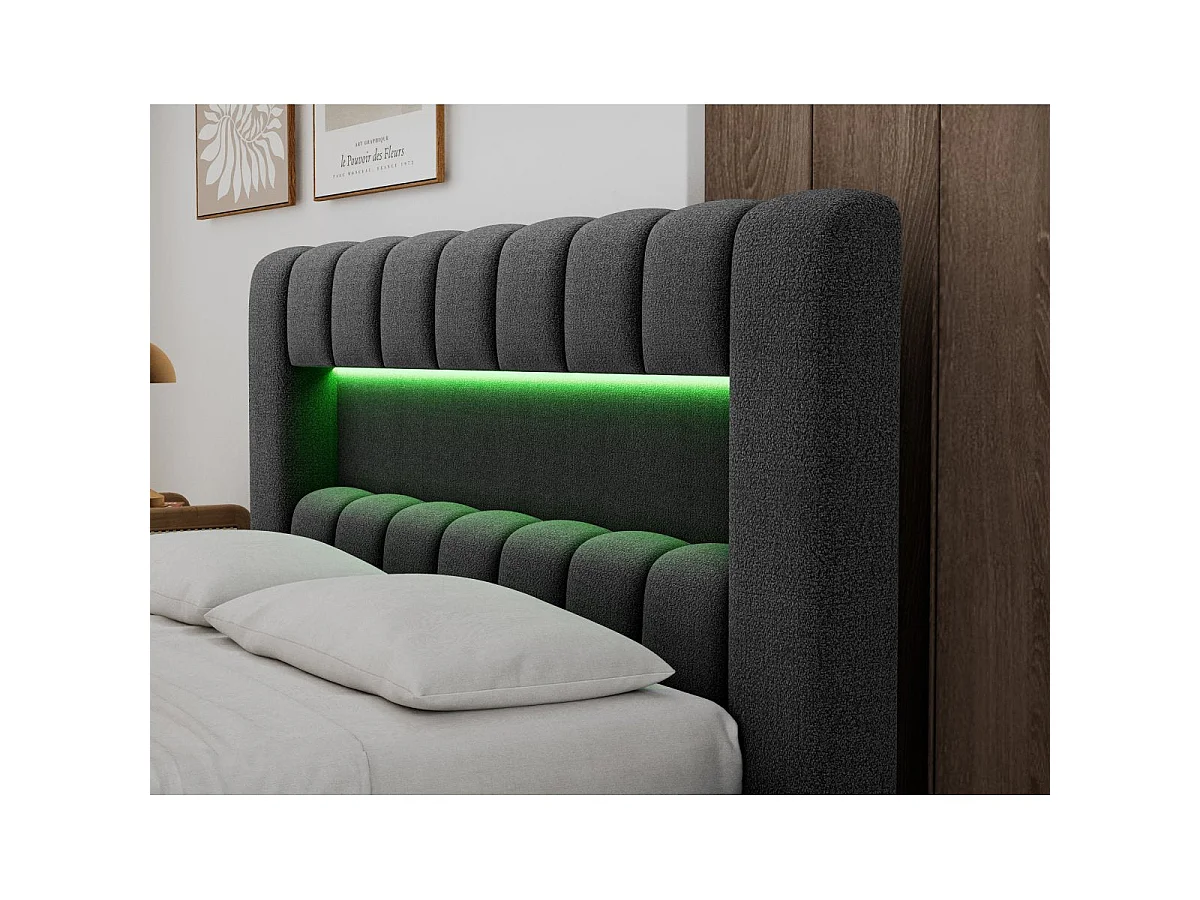 Letto contenitore 140x200 con rete e luci LED incluse, modello Auria, finitura testurizzata grigio scuro