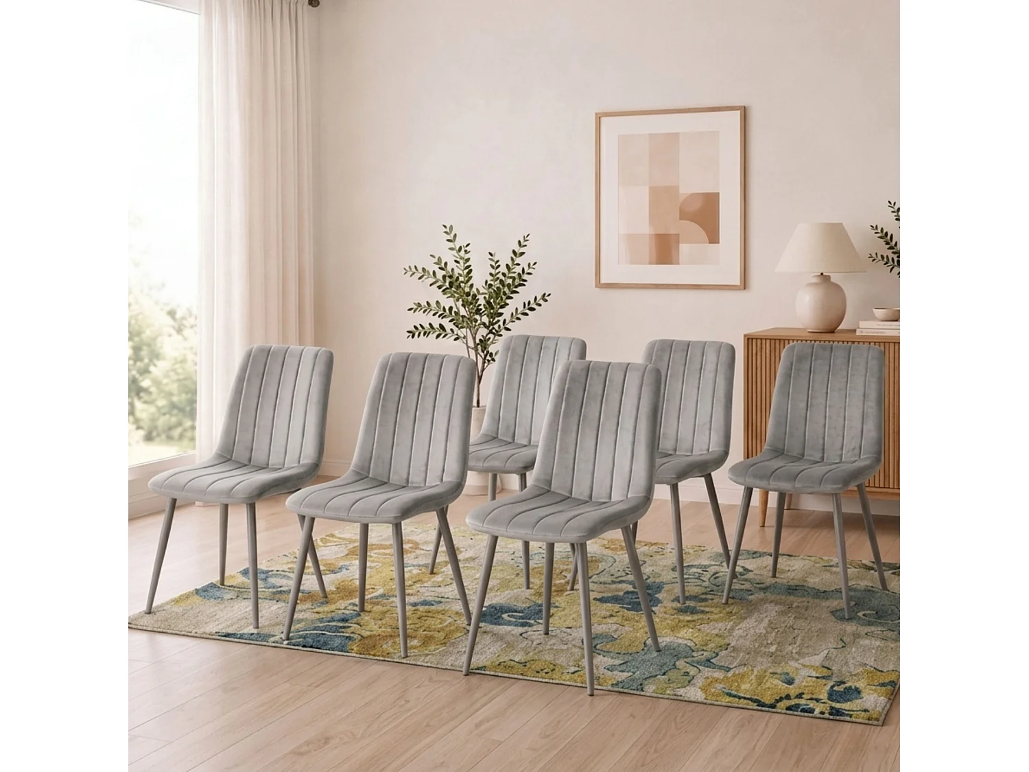 Modern Stone Grey Effect Dining Table Set with 6 Grey Velvet Chairs 6 Seater Dining Set for Kitchen