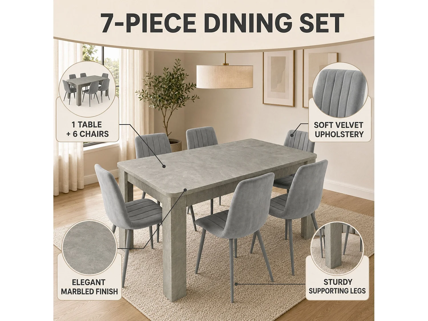 Modern Stone Grey Effect Dining Table Set with 6 Grey Velvet Chairs 6 Seater Dining Set for Kitchen