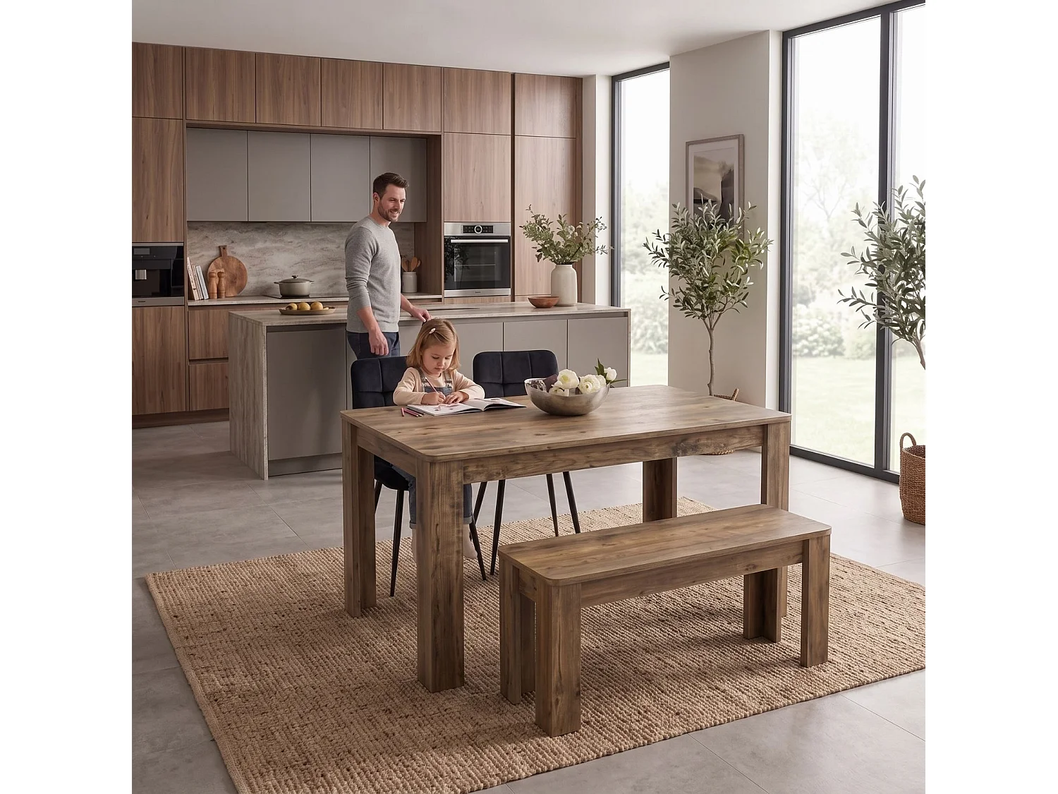 Modern Stone Grey Effect Dining Table Set with 6 Grey Velvet Chairs 6 Seater Dining Set for Kitchen