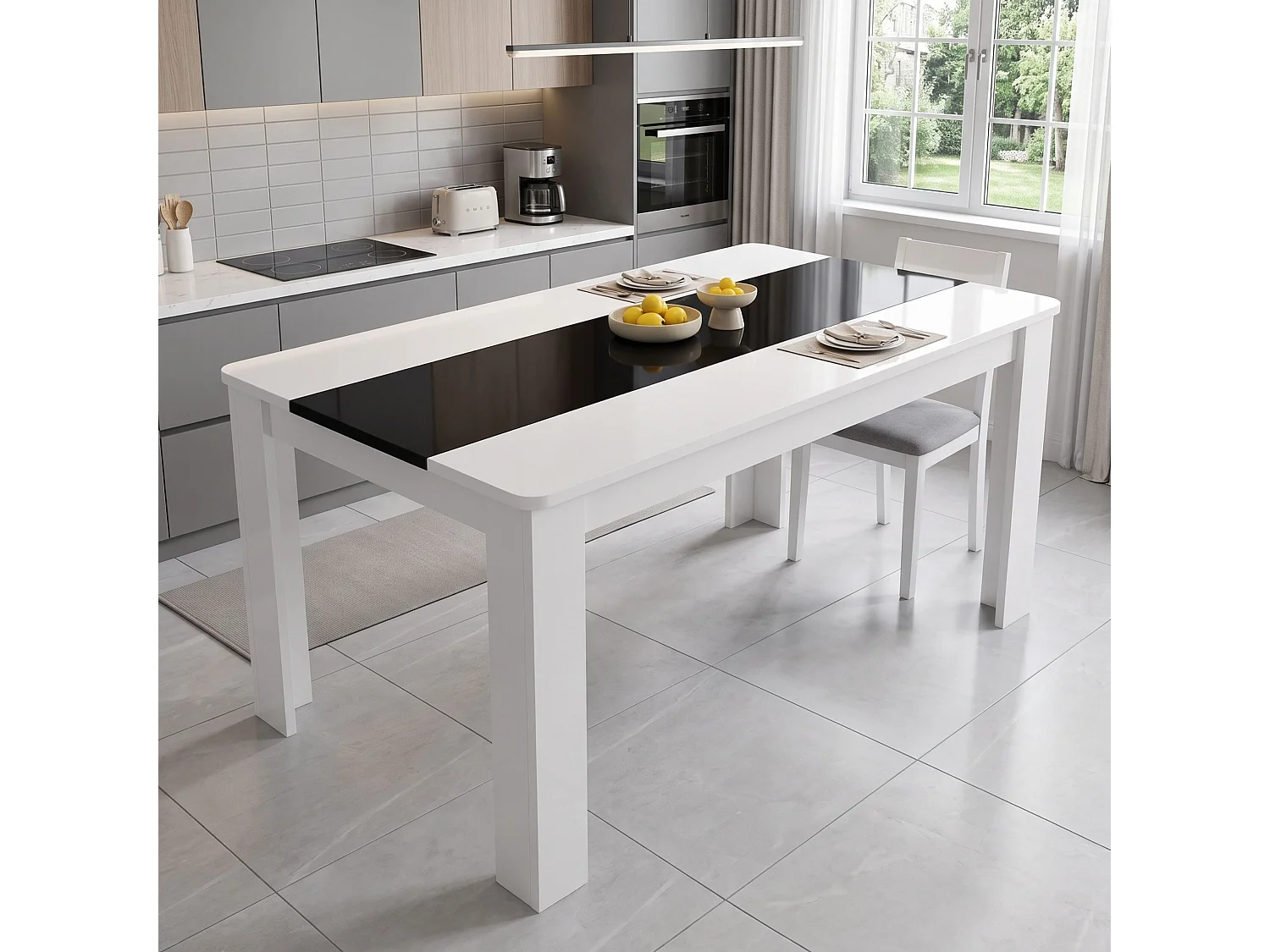 White and Black Dining Table Set with 4 Grey Nova Velvet Chairs 4 Seater Kitchen Dining Set