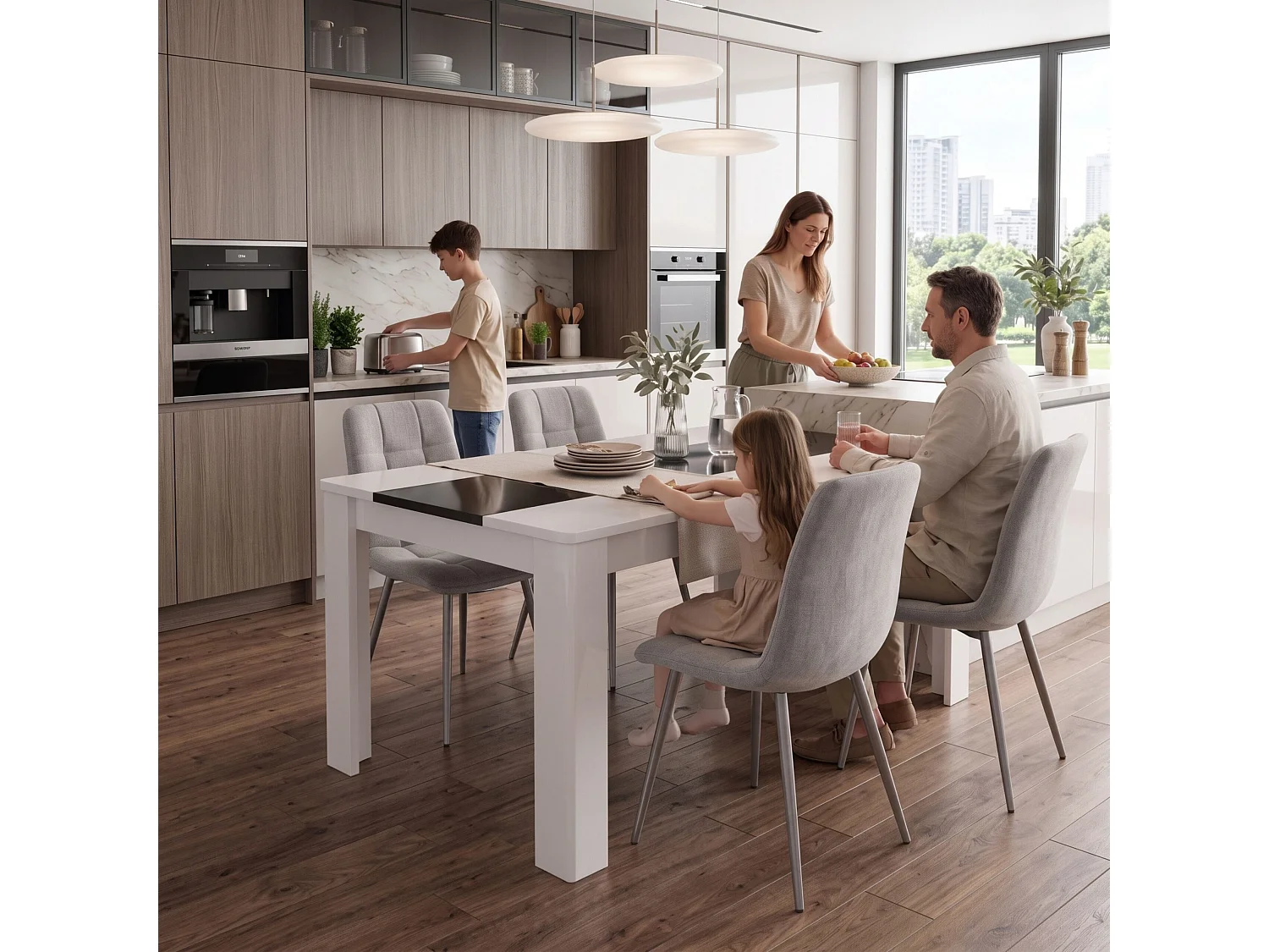 White and Black Dining Table Set with 4 Grey Nova Velvet Chairs 4 Seater Kitchen Dining Set
