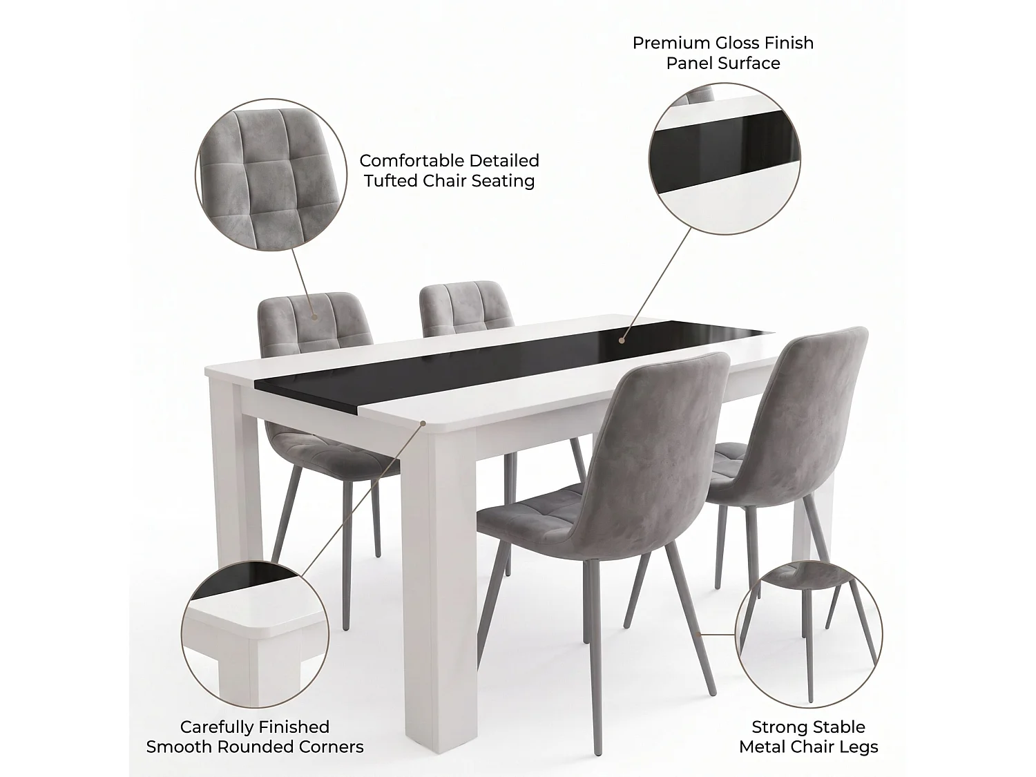 White and Black Dining Table Set with 4 Grey Nova Velvet Chairs 4 Seater Kitchen Dining Set