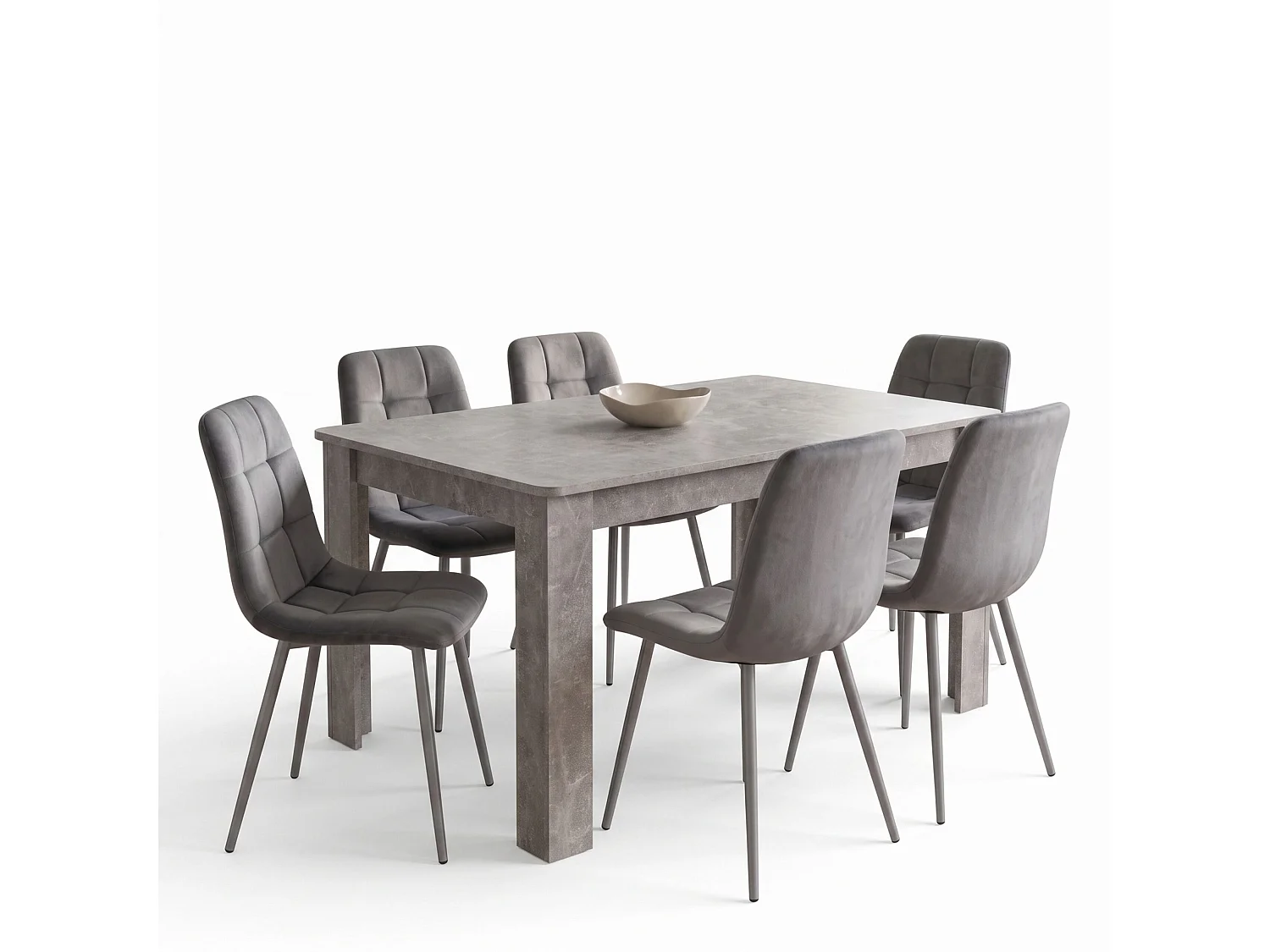 Dining Set with Stone Grey Effect Table and 6 Grey Nova Velvet Chairs 6 Seater for Kitchen