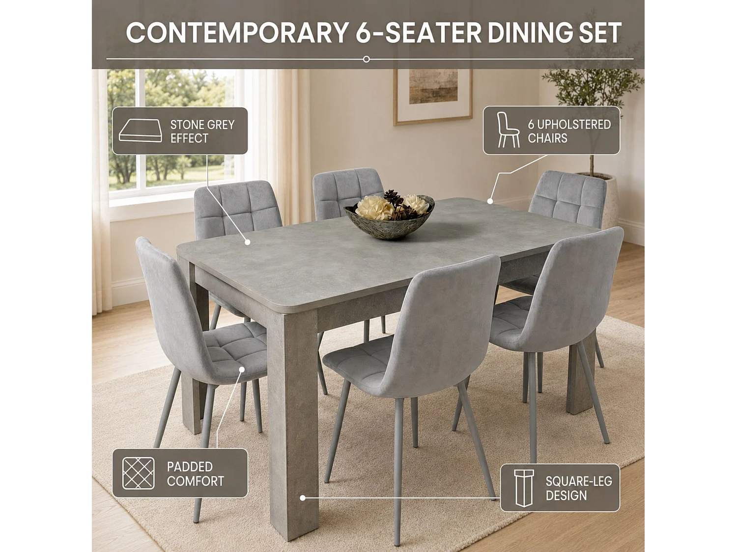 Dining Set with Stone Grey Effect Table and 6 Grey Nova Velvet Chairs 6 Seater for Kitchen