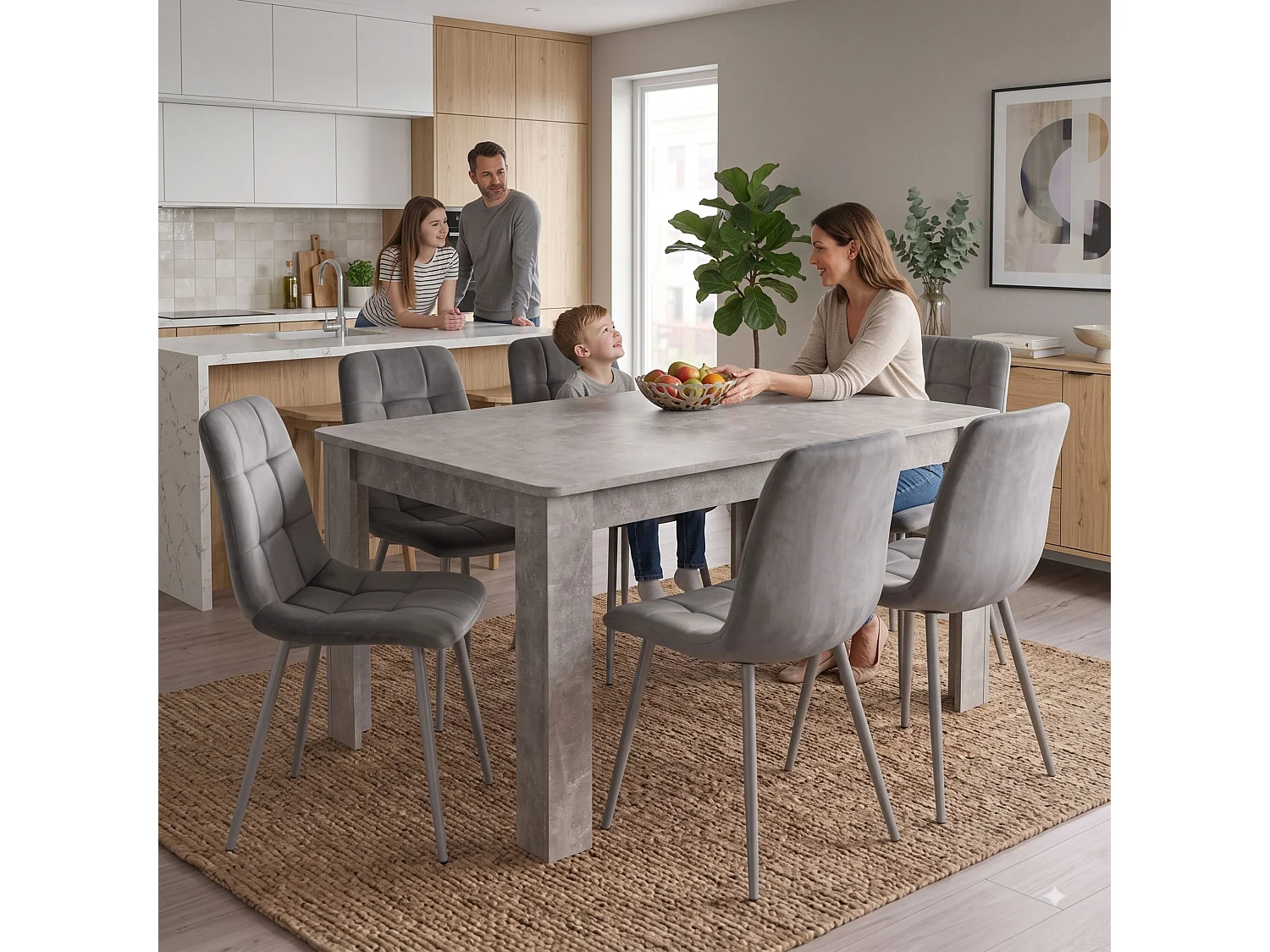 Dining Set with Stone Grey Effect Table and 6 Grey Nova Velvet Chairs 6 Seater for Kitchen