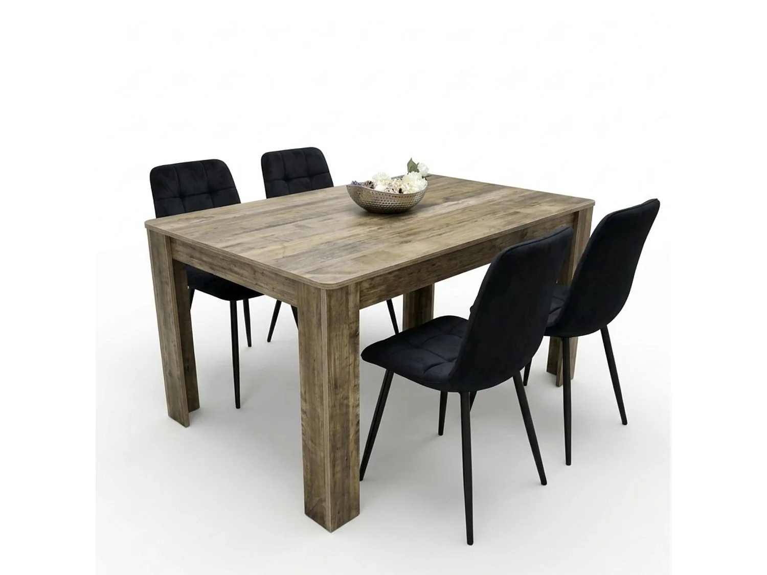 Dining Set with Rustic Wood Effect Table and 4 Black Velvet Chairs 4 Seater for Kitchen