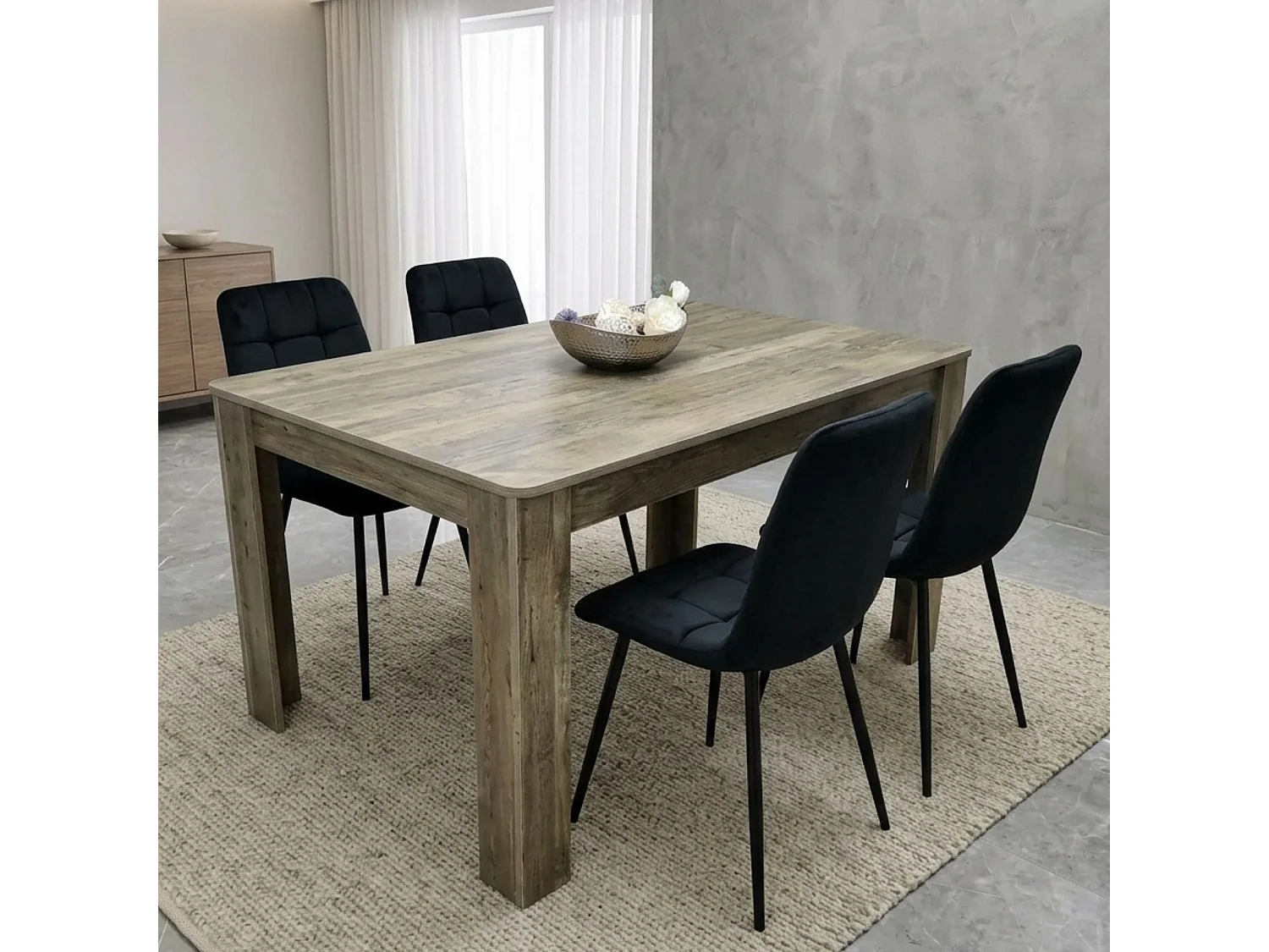 Dining Set with Rustic Wood Effect Table and 4 Black Velvet Chairs 4 Seater for Kitchen