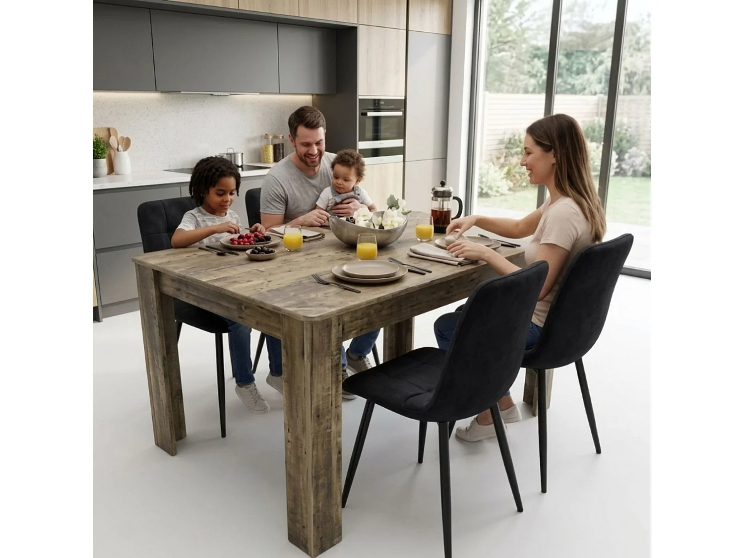 Dining Set with Rustic Wood Effect Table and 4 Black Velvet Chairs 4 Seater for Kitchen