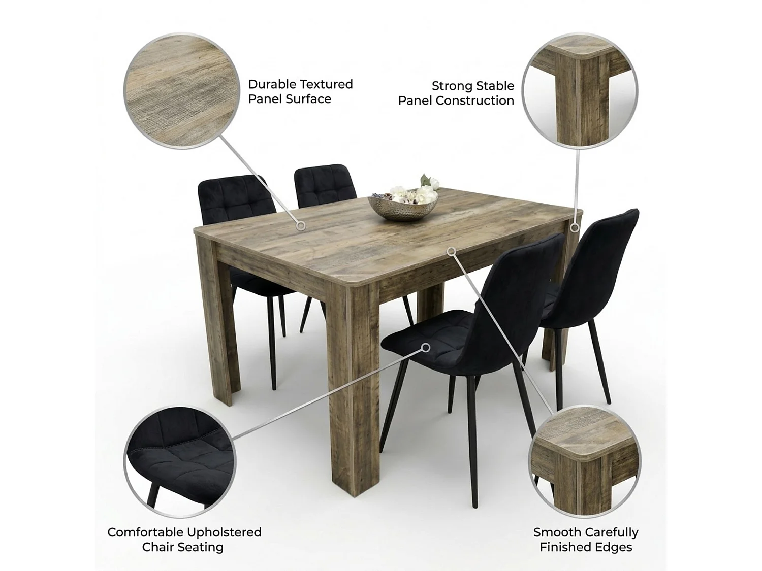 Dining Set with Rustic Wood Effect Table and 4 Black Velvet Chairs 4 Seater for Kitchen