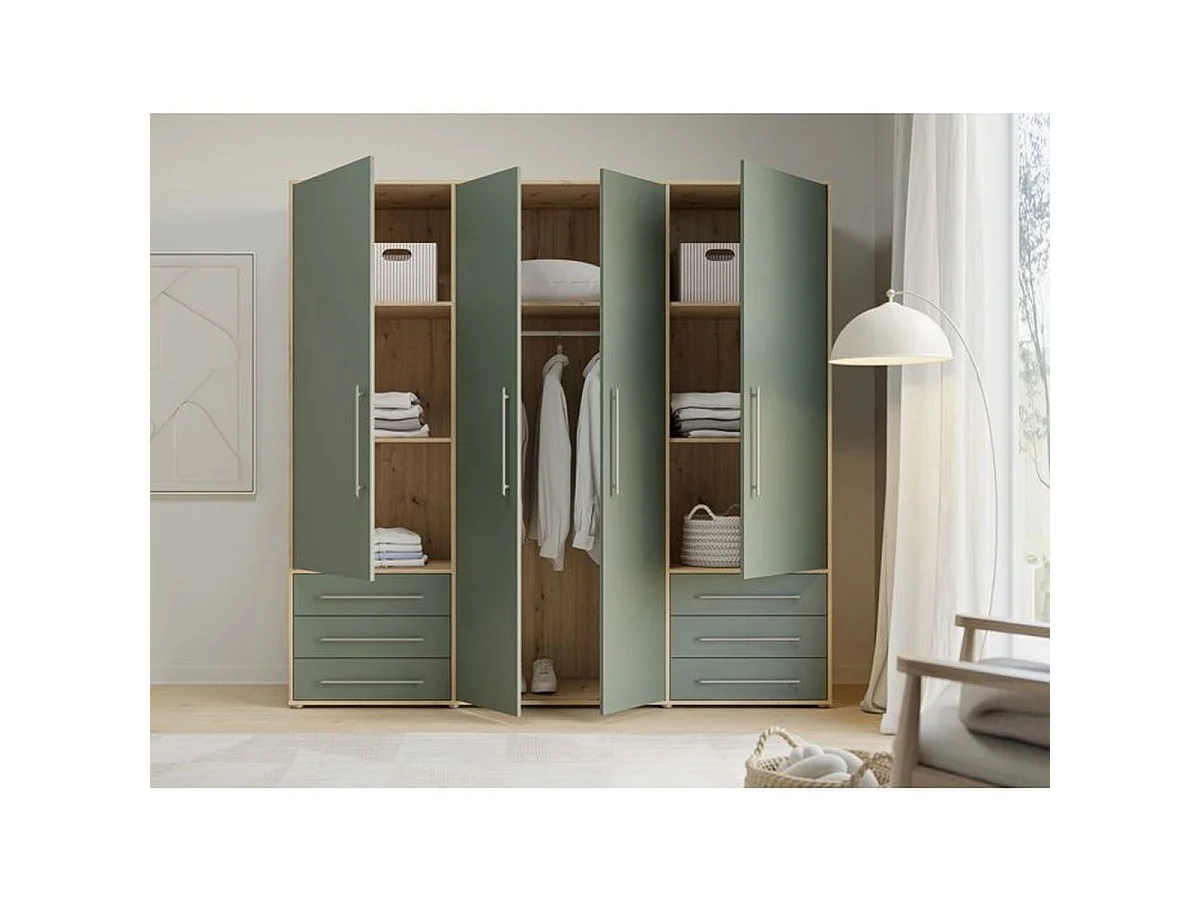 MOKKARO - Armoire 4 portes battantes et 6 tiroirs, chêne et sauge, L205,9 x P53 x H200 cm
