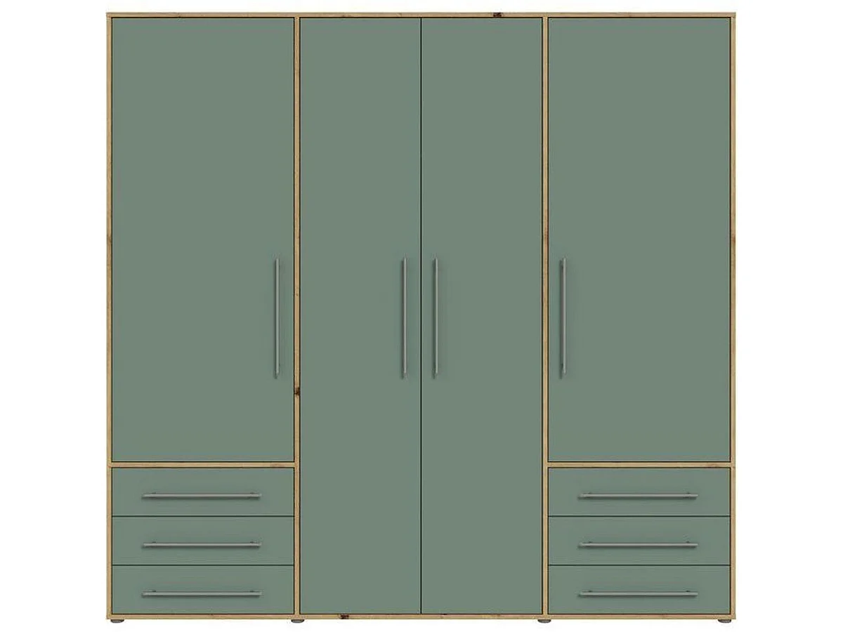 MOKKARO - Armoire 4 portes battantes et 6 tiroirs, chêne et sauge, L205,9 x P53 x H200 cm