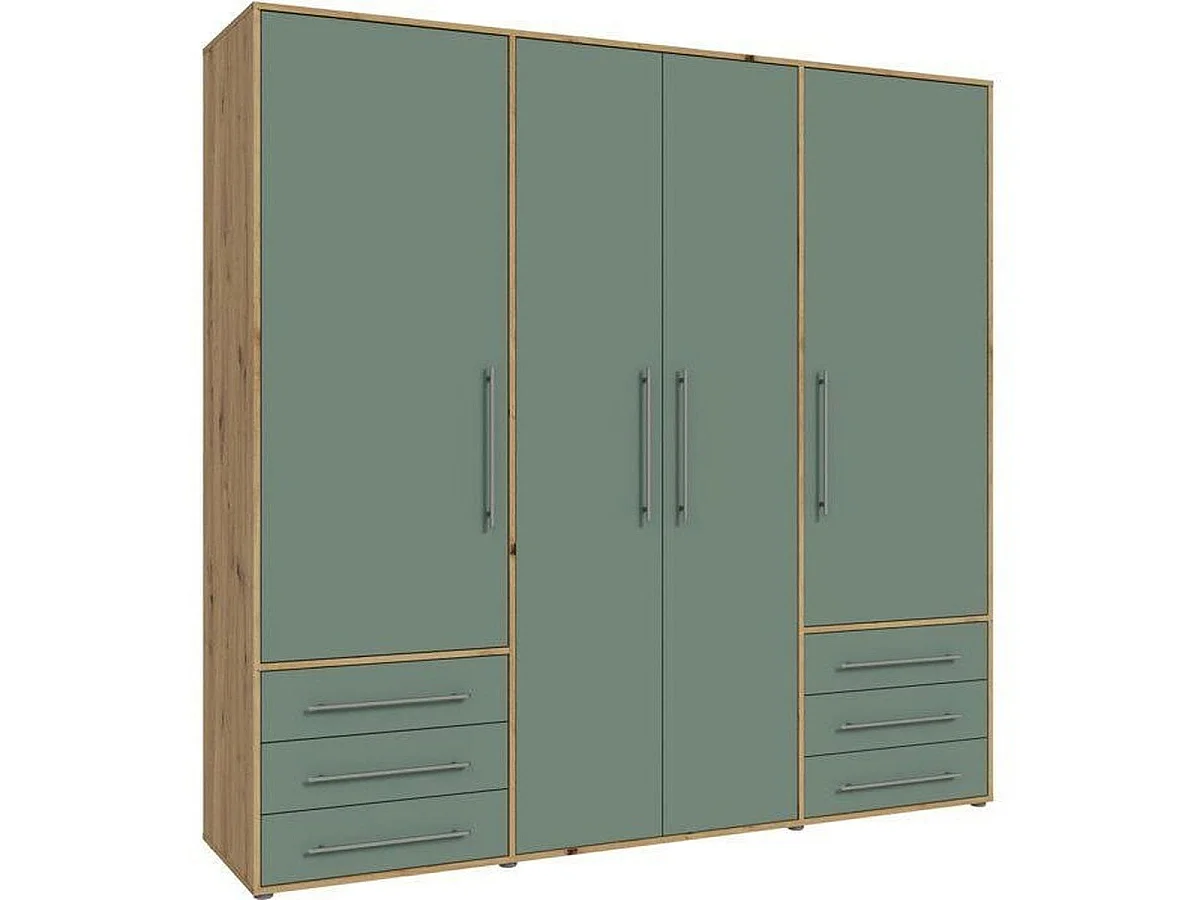 MOKKARO - Armoire 4 portes battantes et 6 tiroirs, chêne et sauge, L205,9 x P53 x H200 cm