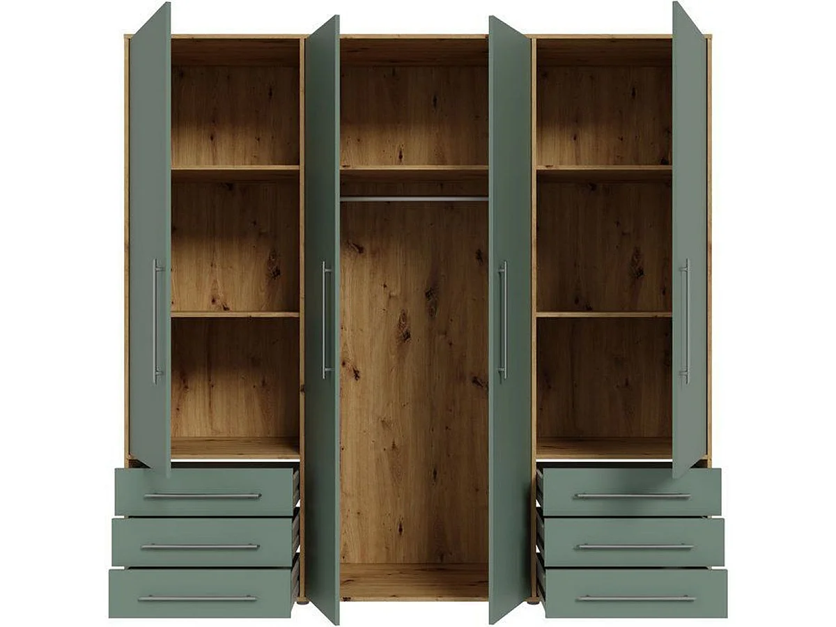 MOKKARO - Armoire 4 portes battantes et 6 tiroirs, chêne et sauge, L205,9 x P53 x H200 cm