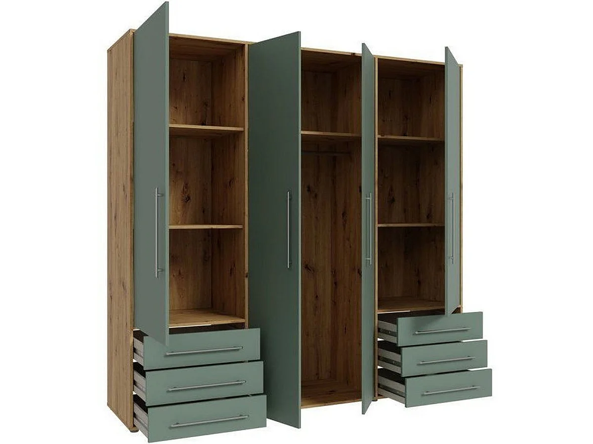 MOKKARO - Armoire 4 portes battantes et 6 tiroirs, chêne et sauge, L205,9 x P53 x H200 cm