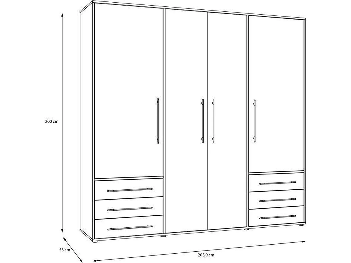 MOKKARO - Armoire 4 portes battantes et 6 tiroirs, chêne et sauge, L205,9 x P53 x H200 cm