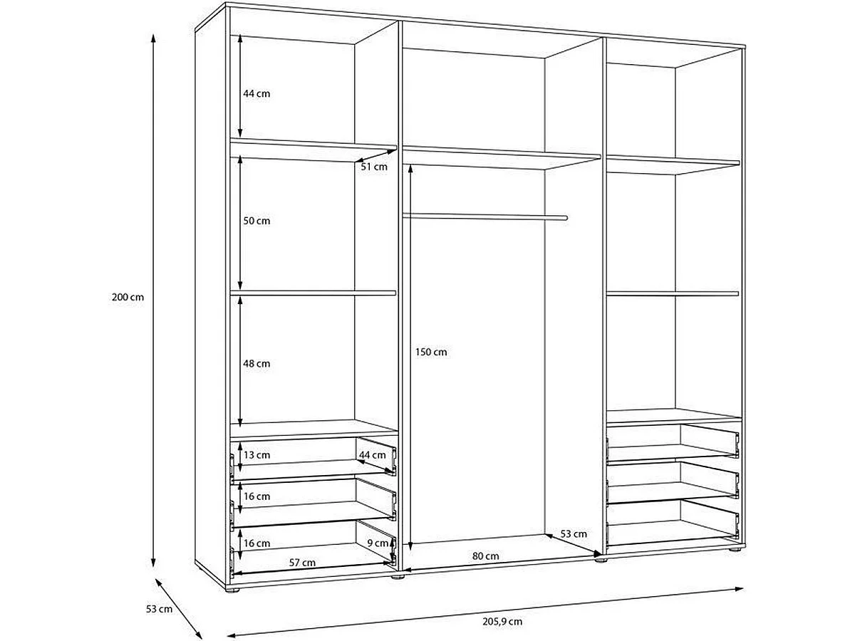 MOKKARO - Armoire 4 portes battantes et 6 tiroirs, chêne et sauge, L205,9 x P53 x H200 cm