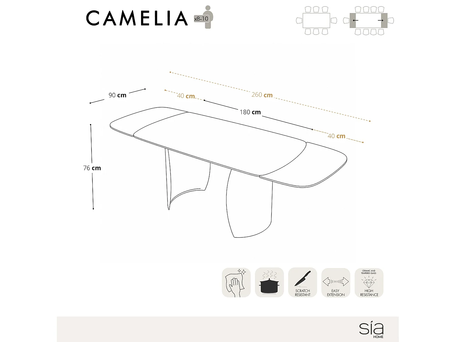 Table à manger extensible 8 personnes CAMELIA en céramique pandora