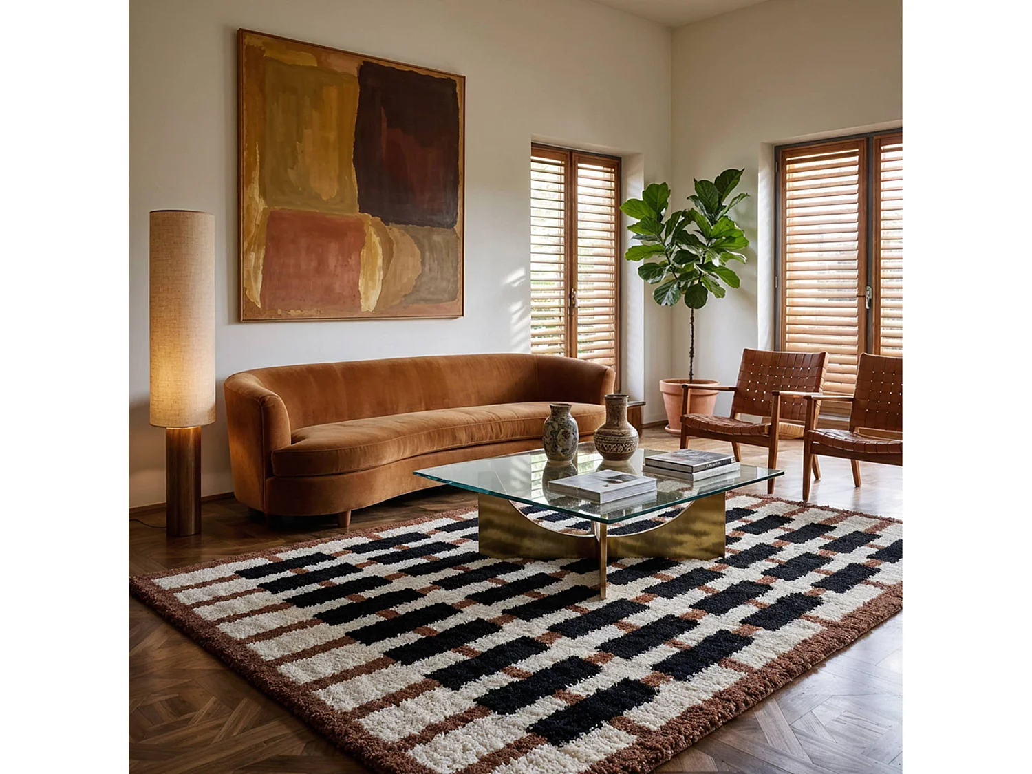Tapis intérieur motif géométrique crème. terracotta et noir 120 x 170cm - Juno