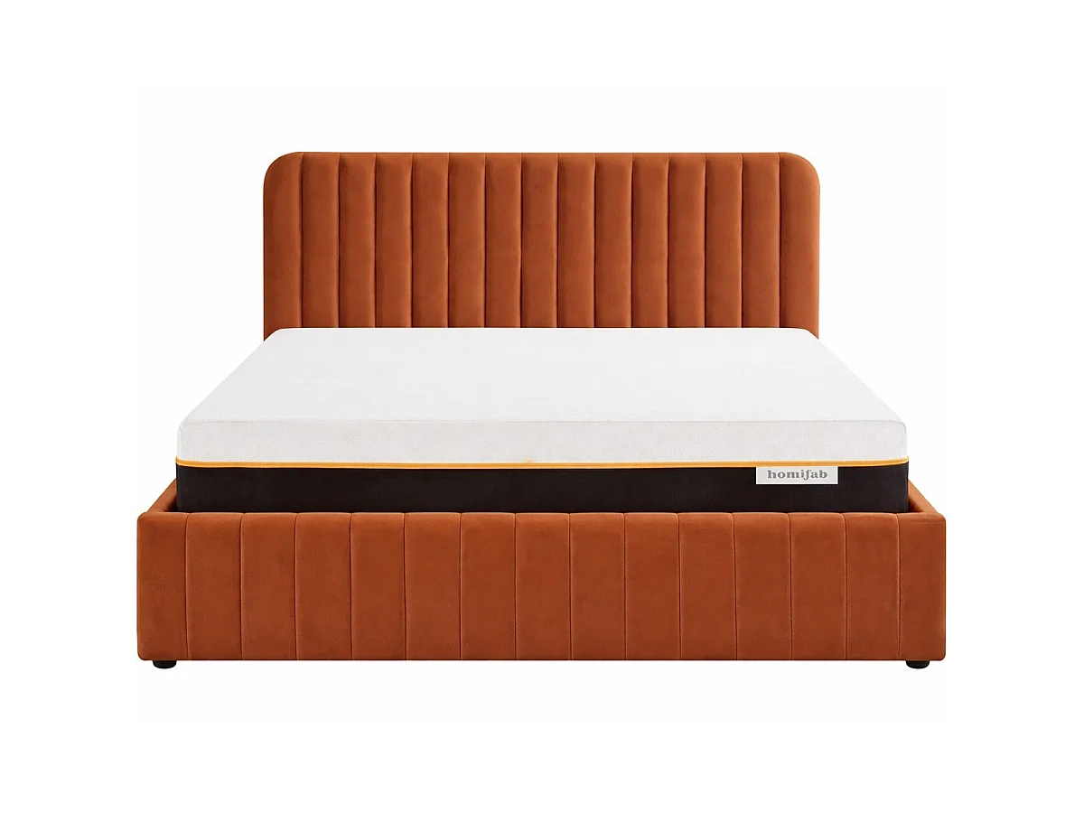Ensemble Lit coffre adulte 160x200cm avec tête de lit en velours terracotta - Ava + Matelas mémoire de forme - Dual Confort