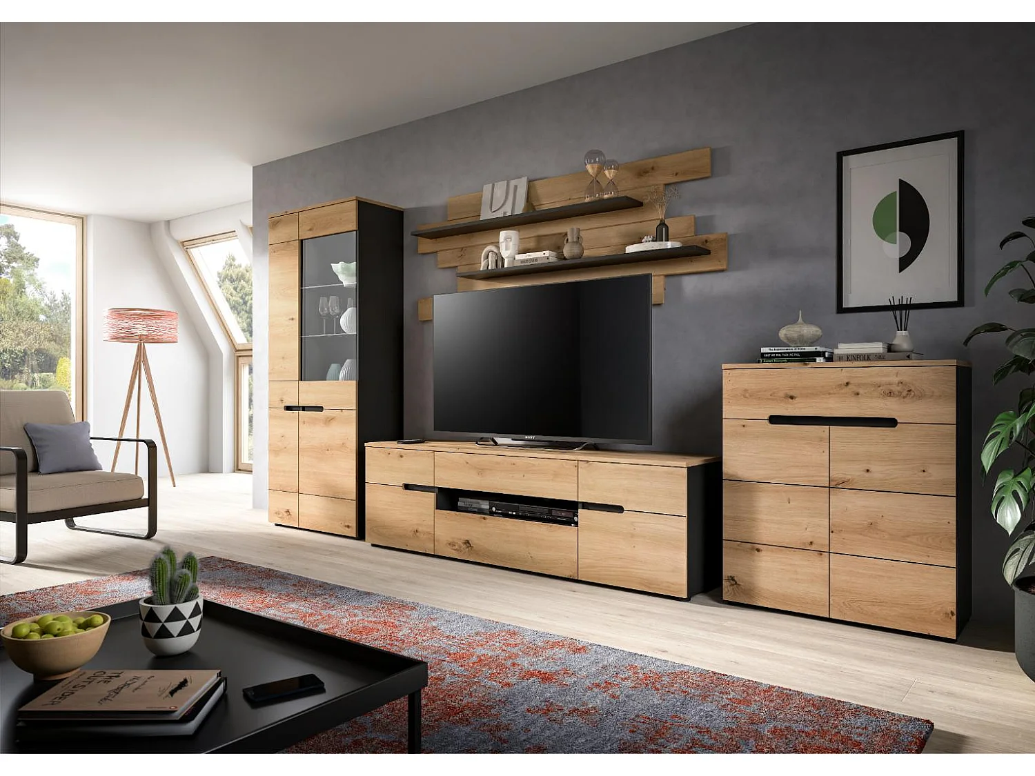 Canu TV Tisch 2 Türen, 1 Klappentür, 1 Schublade, 1 Regal Eiche Dekor, dunkelgrau.