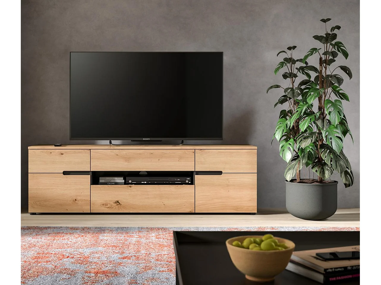 Canu TV Tisch 2 Türen, 1 Klappentür, 1 Schublade, 1 Regal Eiche Dekor, dunkelgrau.