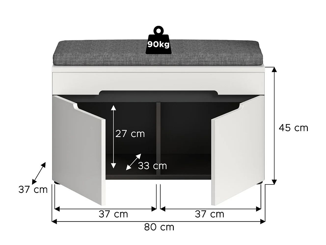 Canu banc avec rangement incl. coussin 2 portes blanches, grises.