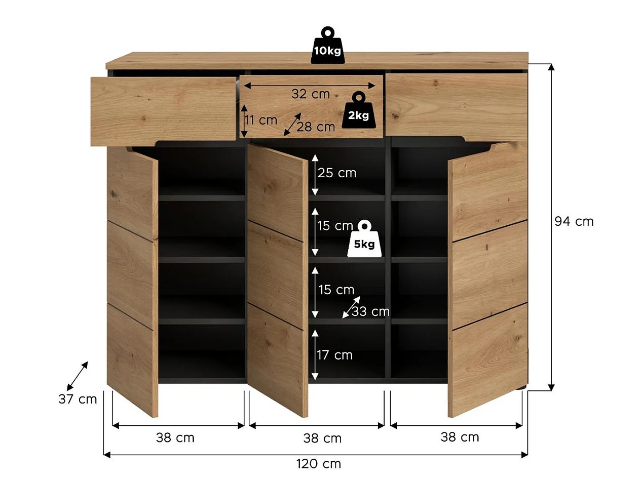 Canu meuble à chaussures 3 portes, 3 tiroirs chêne décor, gris.