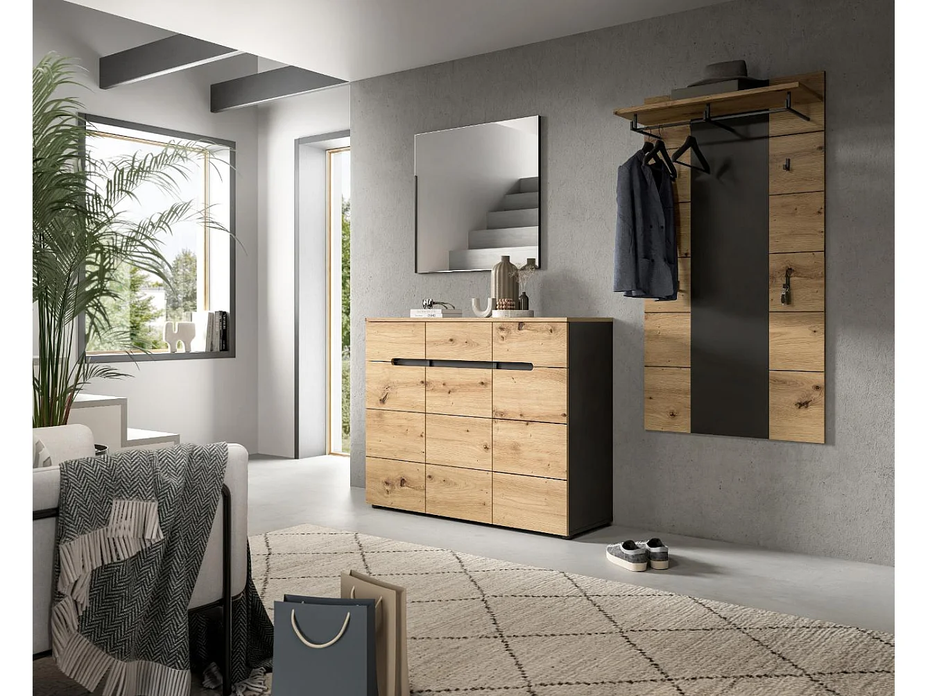 Canu meuble à chaussures 3 portes, 3 tiroirs chêne décor, gris.