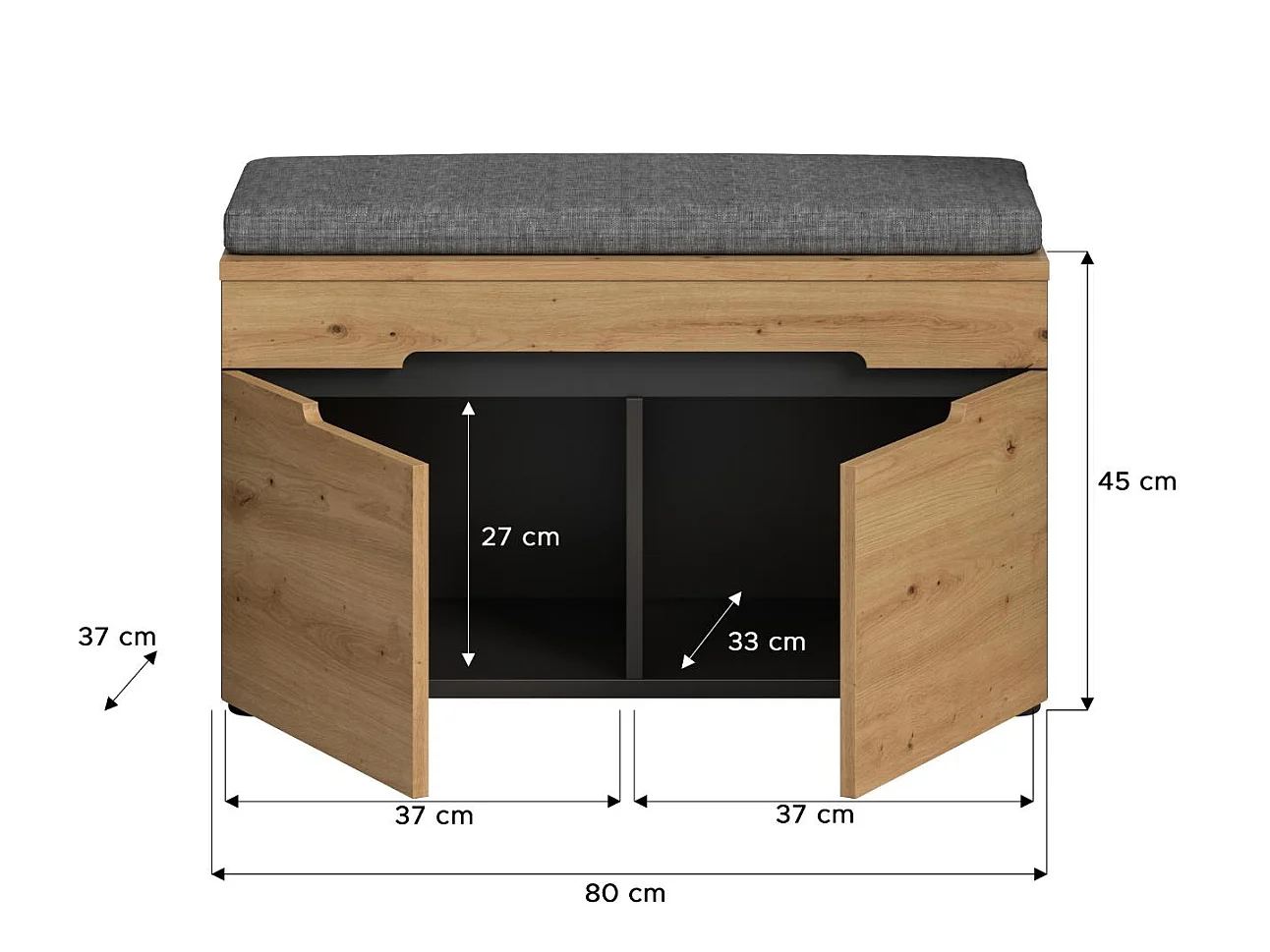 Canu bank met opberging inclusief kussen 2 deuren eiken decor, grijs.
