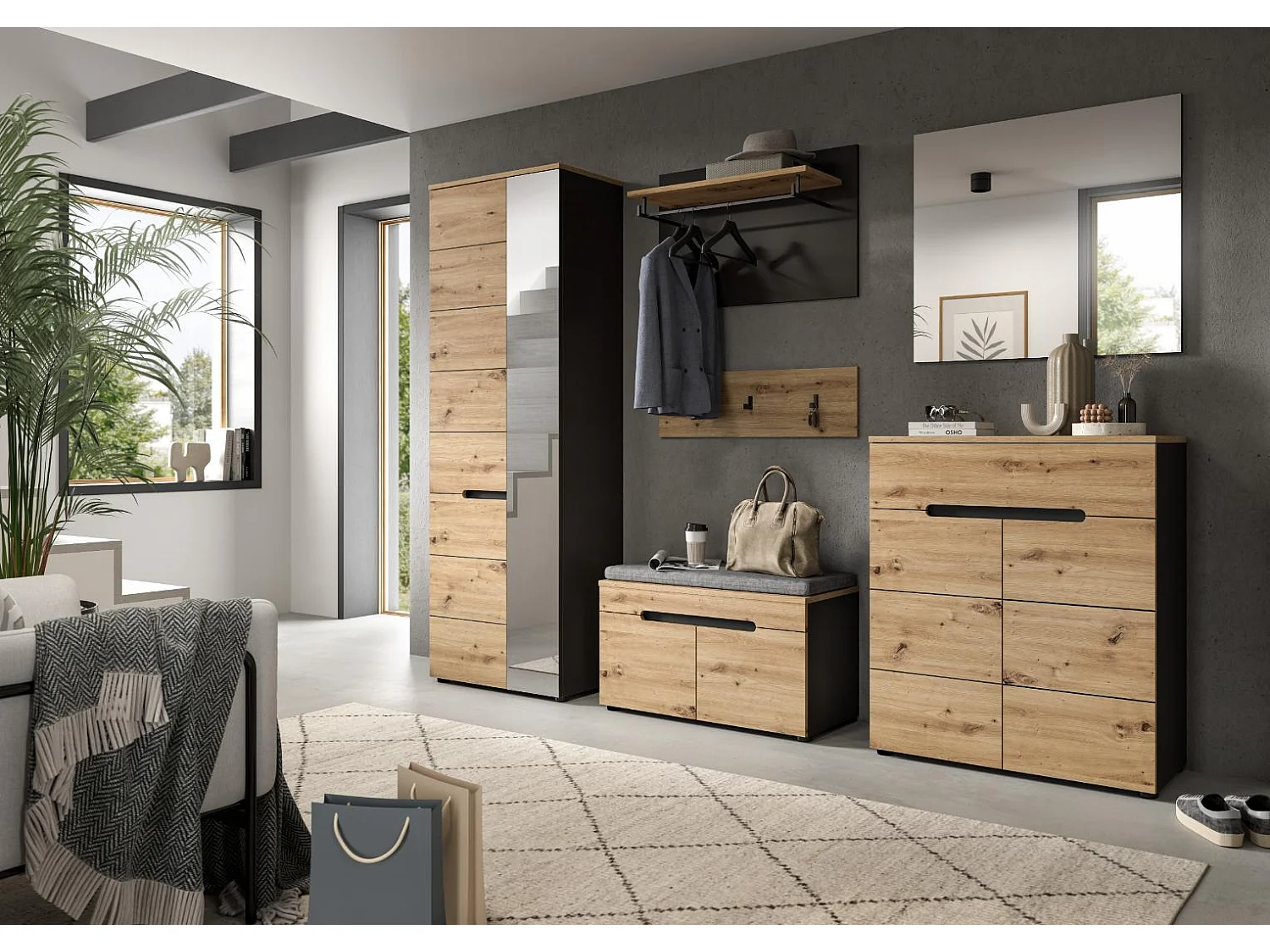 Canu bank met opberging inclusief kussen 2 deuren eiken decor, grijs.