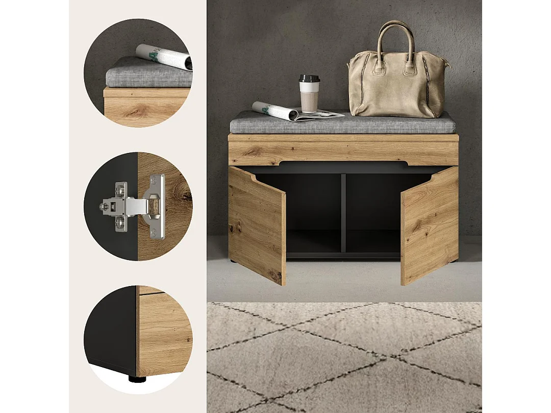 Canu bank met opberging inclusief kussen 2 deuren eiken decor, grijs.