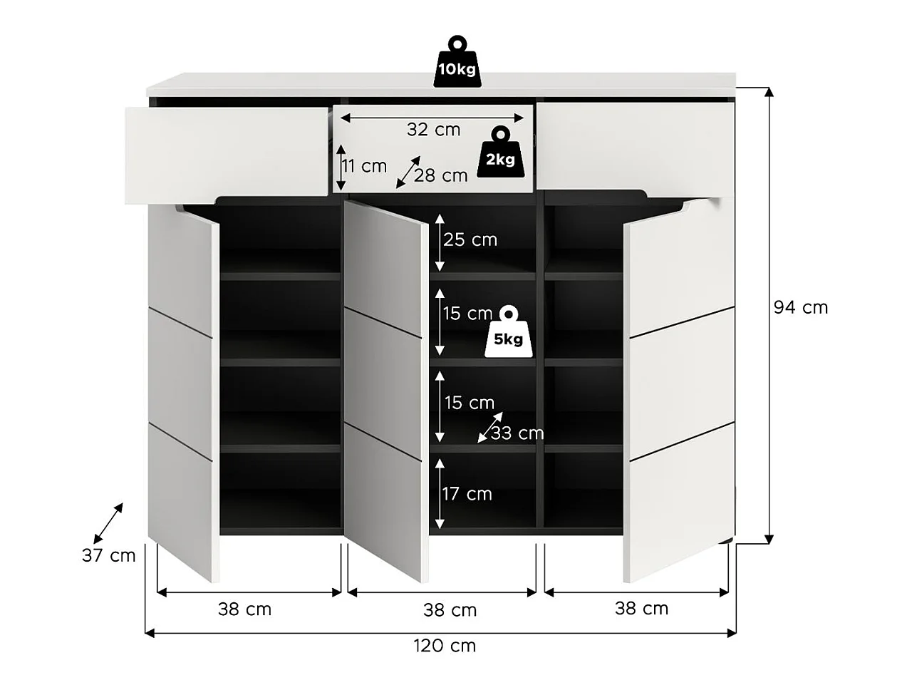 Canu meuble à chaussures 3 portes, 3 tiroirs blanc, gris.