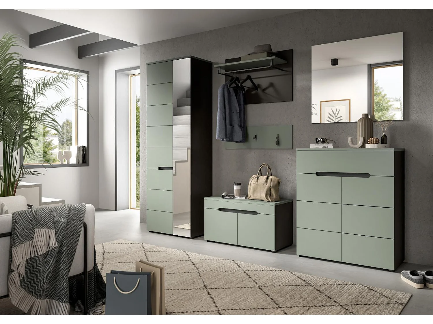 Canu Schuhschrank 2 Türen, 1 Schublade staubgrün, dunkelgrau.