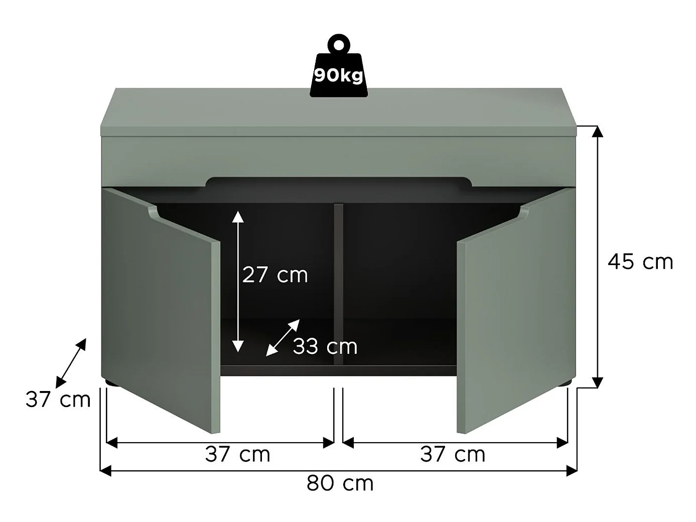 Canu banc avec rangement 2 portes vert poussiéreux, gris foncé.