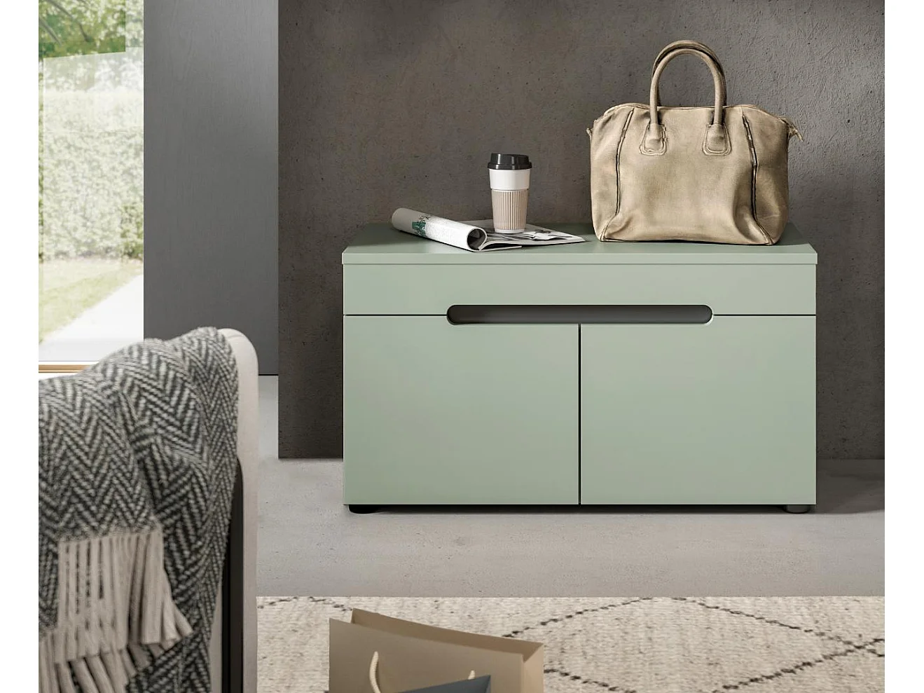 Canu banc avec rangement 2 portes vert poussiéreux, gris foncé.