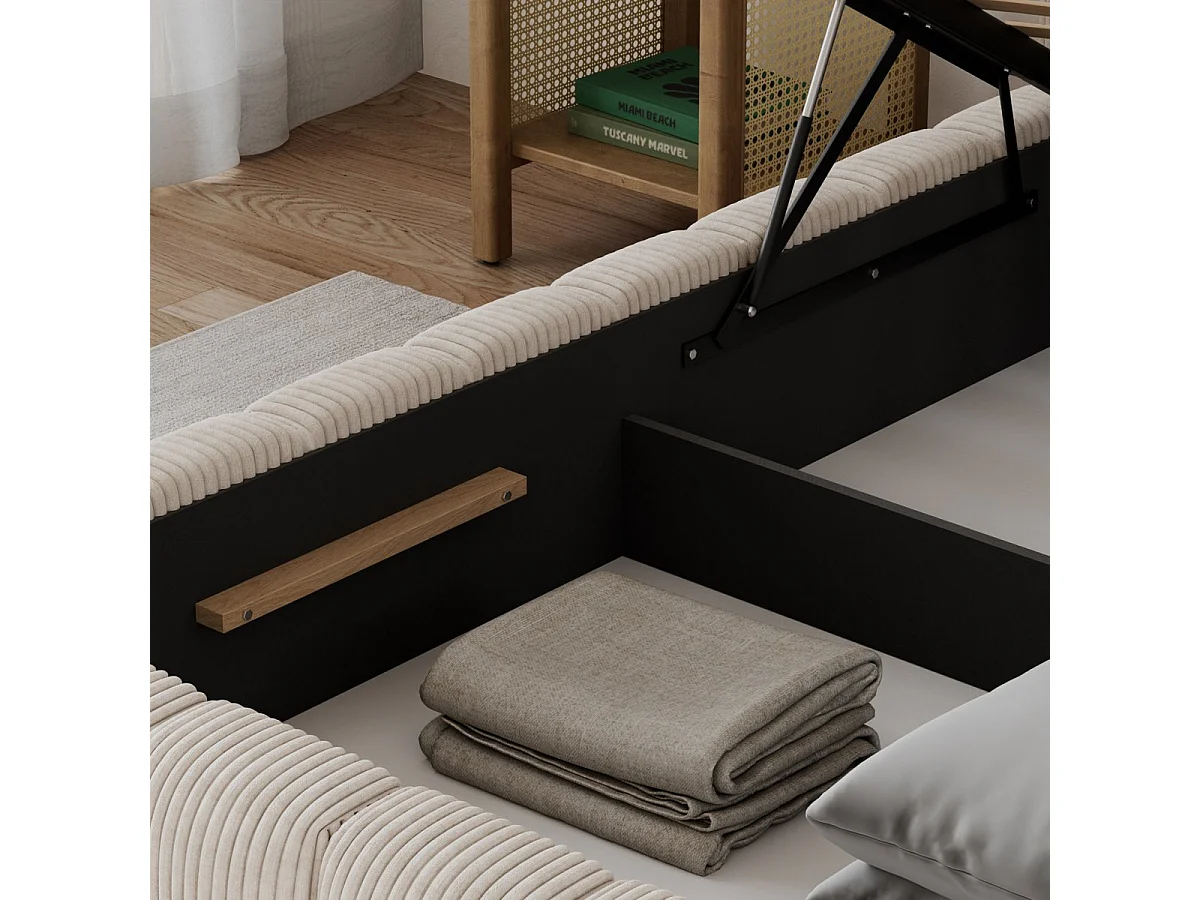 Seng med opbevaringsrum 180x200, inklusive sengebund og LED-belysning – Auria, fløjlsribbet, cremefarvet