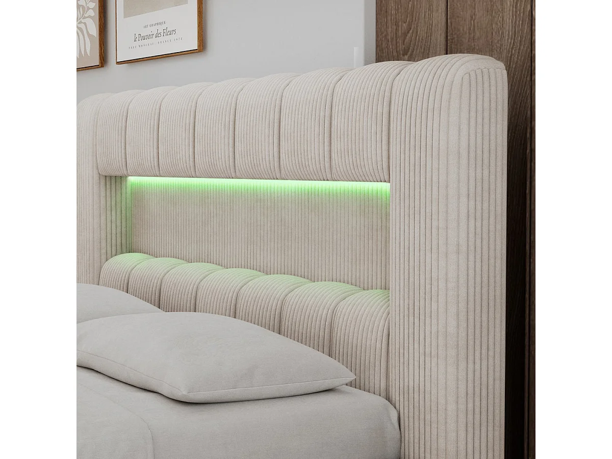 Seng med opbevaringsrum 180x200, inklusive sengebund og LED-belysning – Auria, fløjlsribbet, cremefarvet