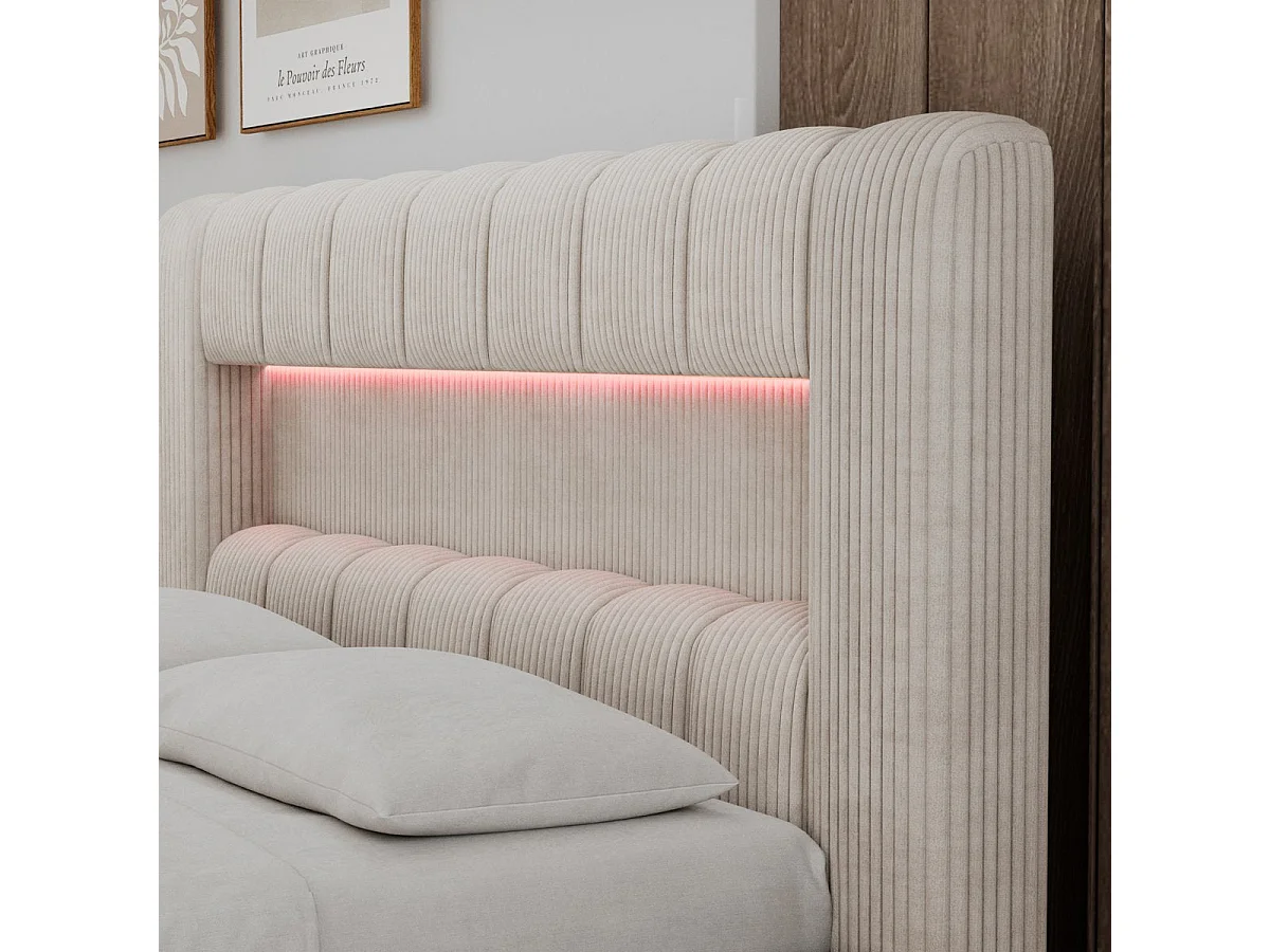 Letto contenitore 140x200 con rete e luci LED incluse Auria, velluto a coste color crema