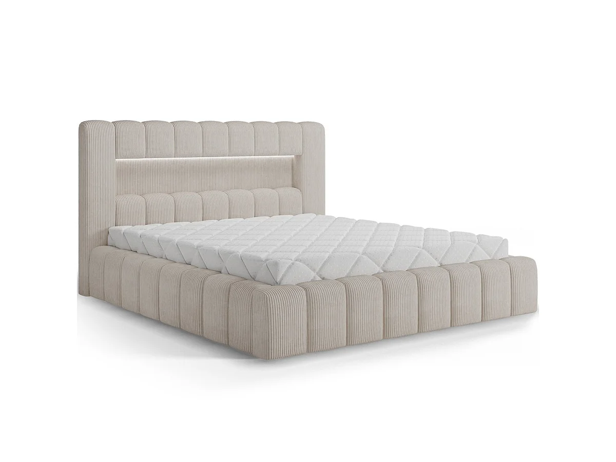 Cama con cajón de 160 x 200, con somier y luces LED incluidas, modelo Auria, de terciopelo acanalado color crema