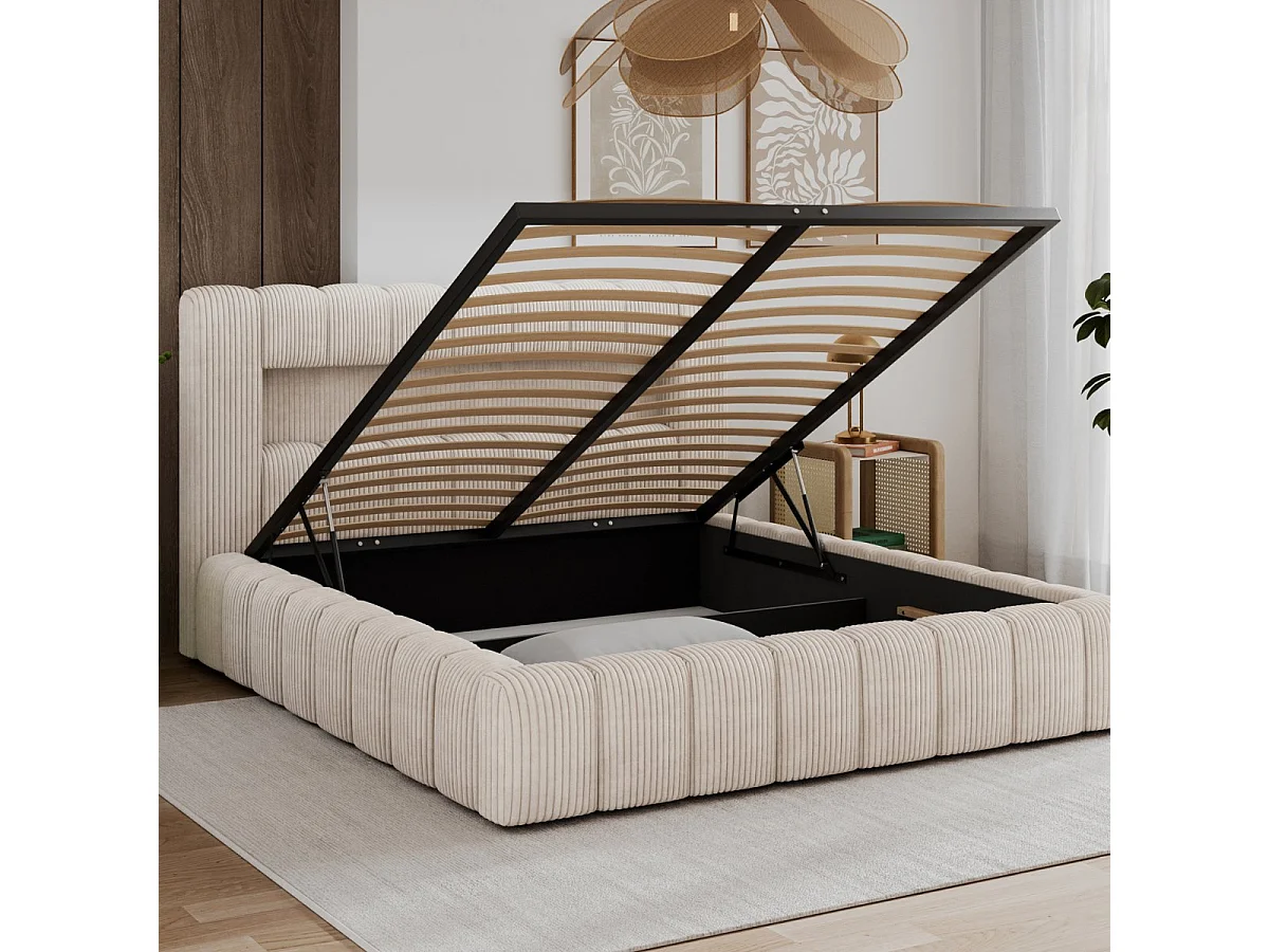 Cama con cajón de 160 x 200, con somier y luces LED incluidas, modelo Auria, de terciopelo acanalado color crema