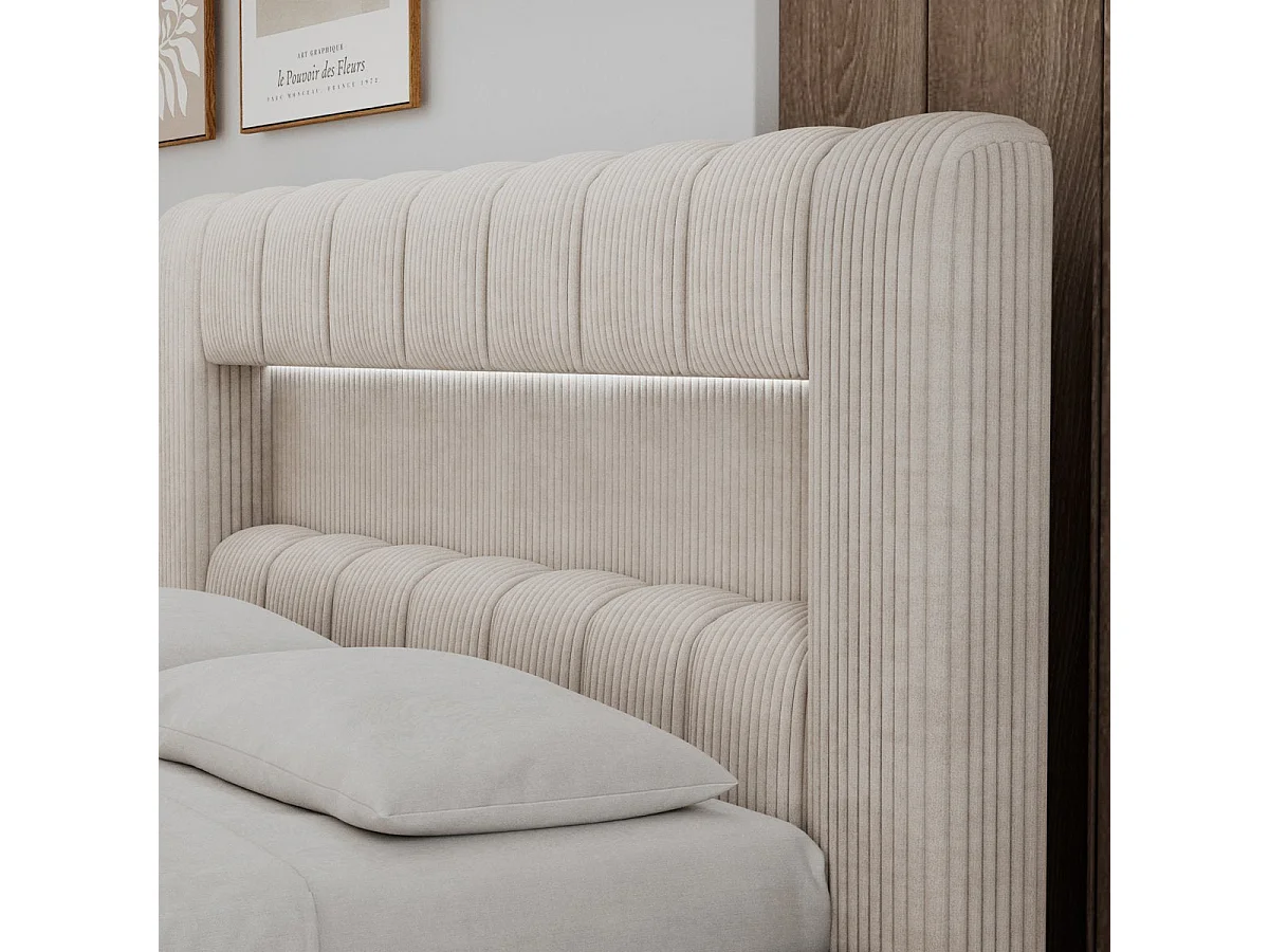 Cama con cajón de 160 x 200, con somier y luces LED incluidas, modelo Auria, de terciopelo acanalado color crema