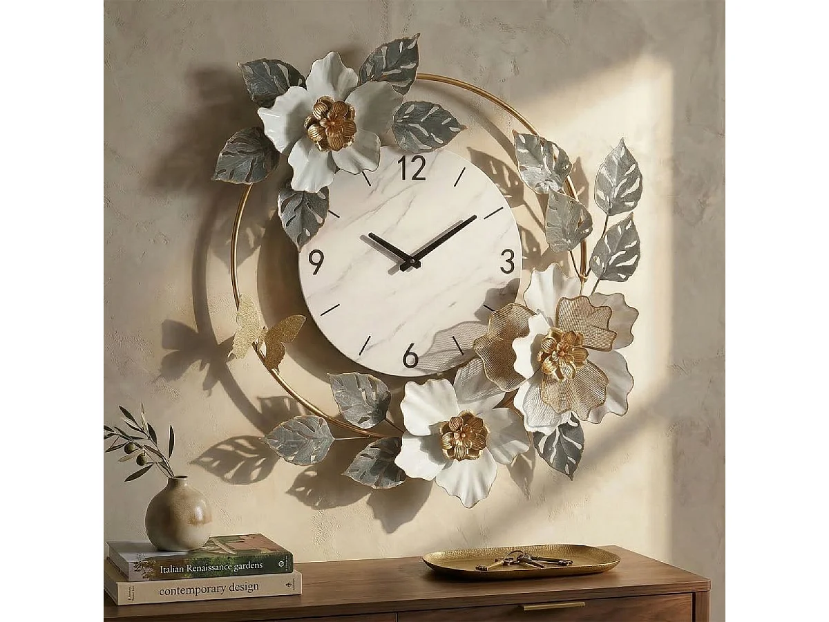 Horloge murale 64 cm Acanthe Blanc et Argenté