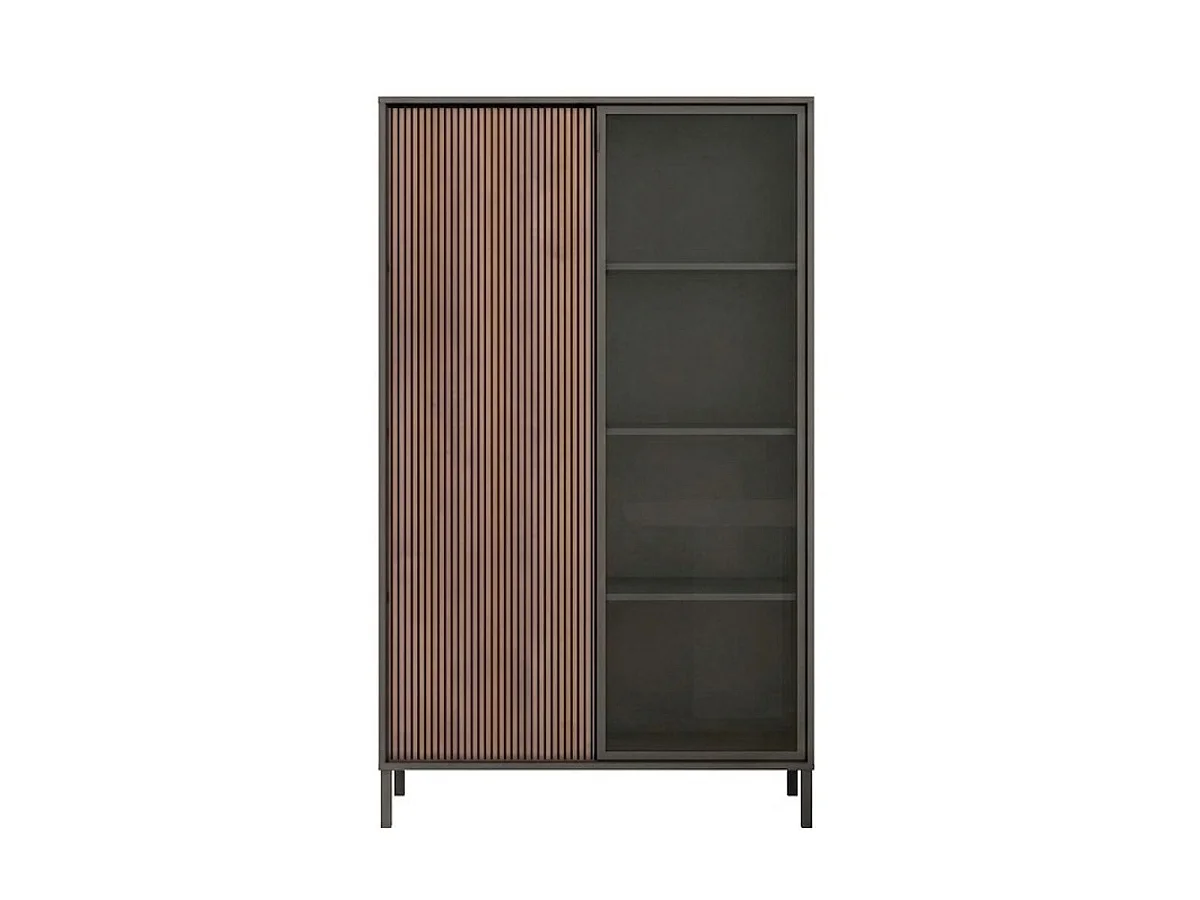 Vitrine 2 portes gris lave et aspect bois relief effet tasseaux pieds métal - TICORIA