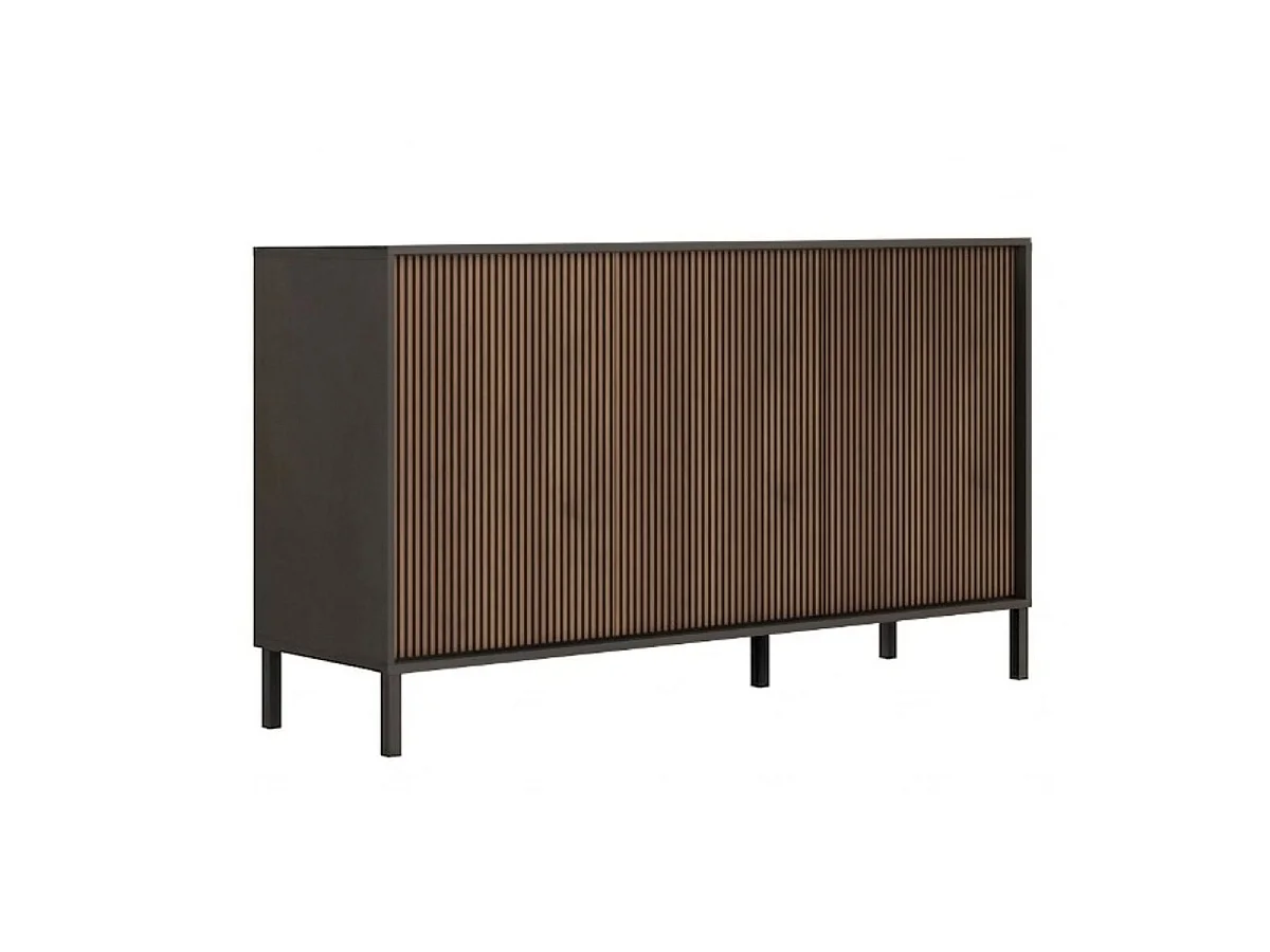 Buffet 3 portes gris lave et aspect bois relief effet tasseaux pieds métal - TICORIA