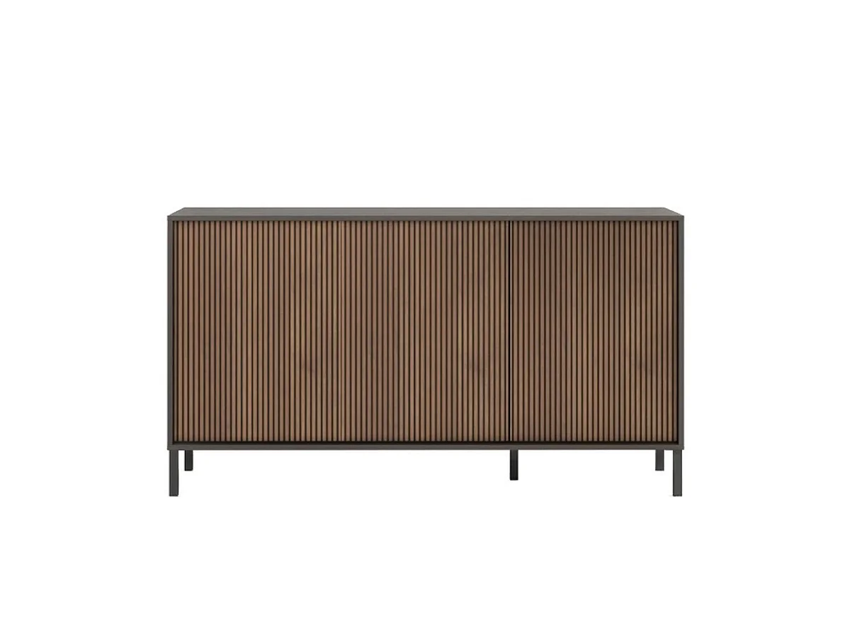 Buffet 3 portes gris lave et aspect bois relief effet tasseaux pieds métal - TICORIA