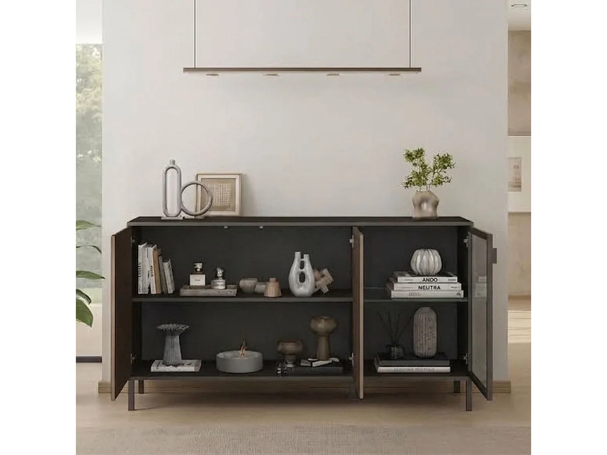 Buffet 3 portes gris lave et aspect bois relief effet tasseaux pieds métal - TICORIA