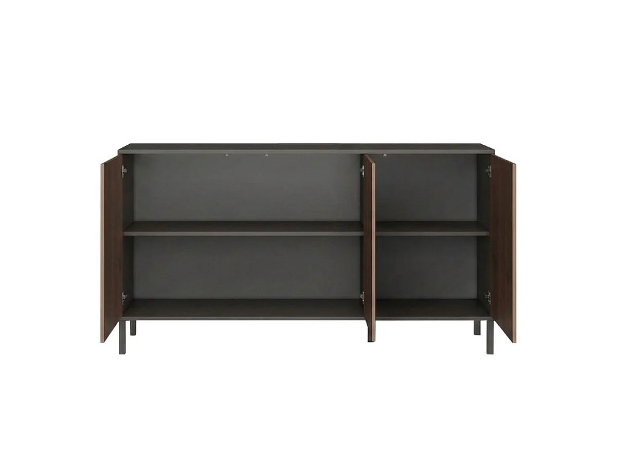 Buffet 3 portes gris lave et aspect bois relief effet tasseaux pieds métal - TICORIA