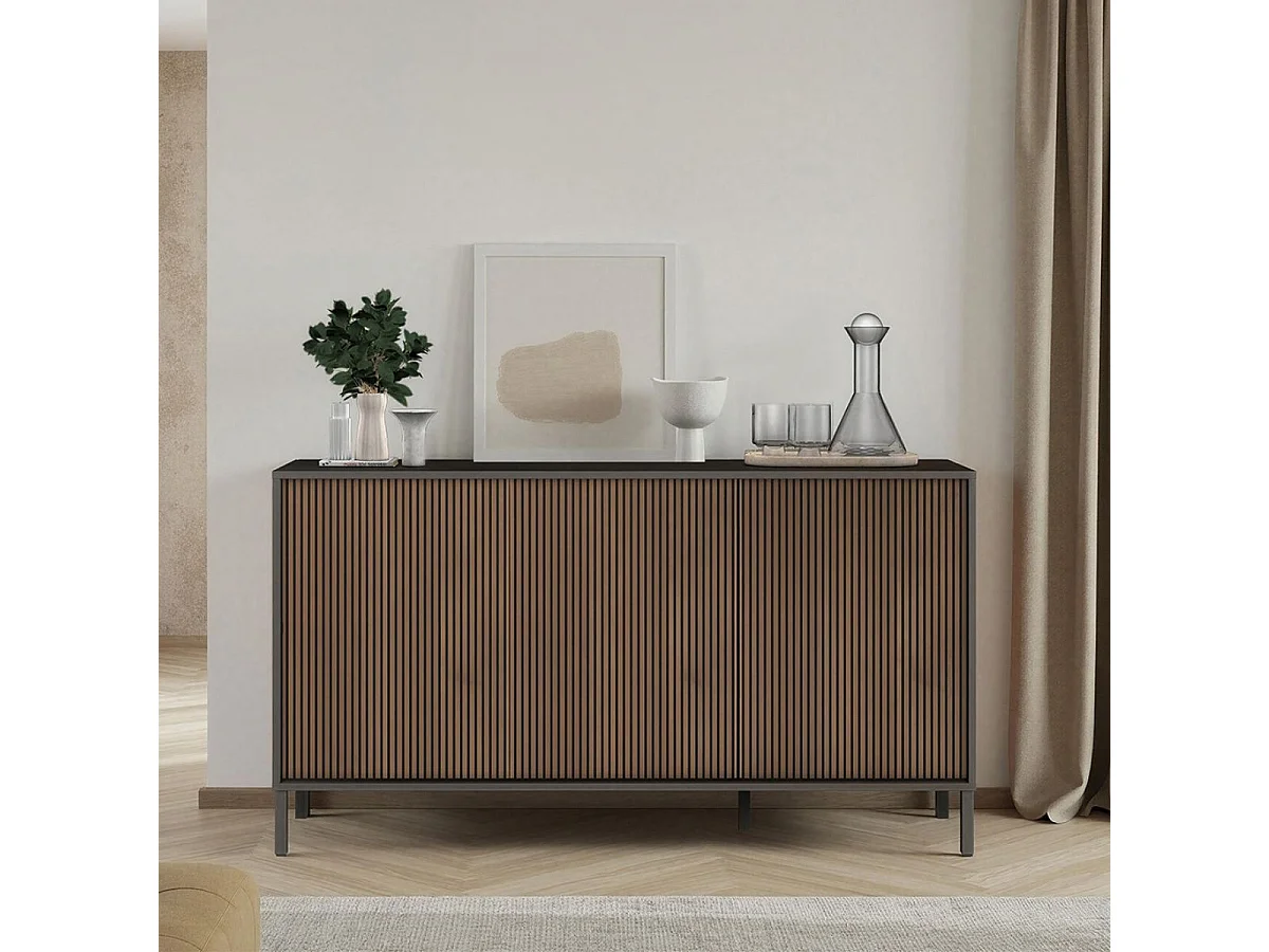 Buffet 3 portes gris lave et aspect bois relief effet tasseaux pieds métal - TICORIA