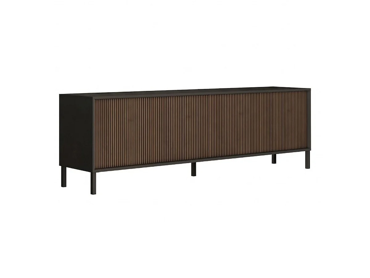 Meuble TV gris lave et aspect bois relief effet tasseaux pieds métal - TICORIA